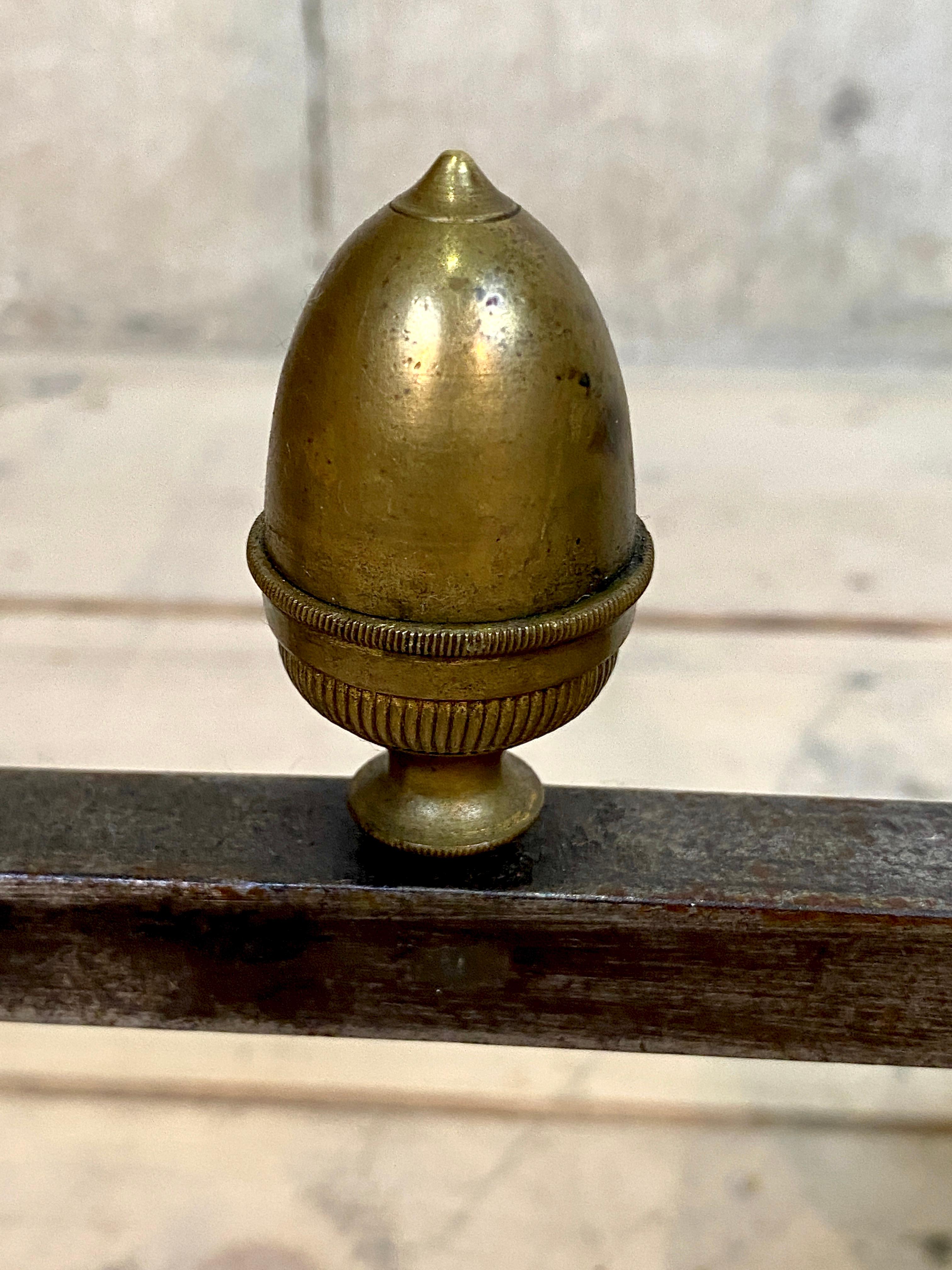 Brass Andirons Firedogs Burnished Steel Acorn Finials French For Sale 3
