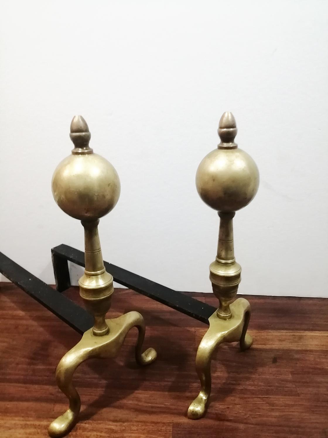 English Brass Andirons  Queen Anne Style First Half of 20th Century