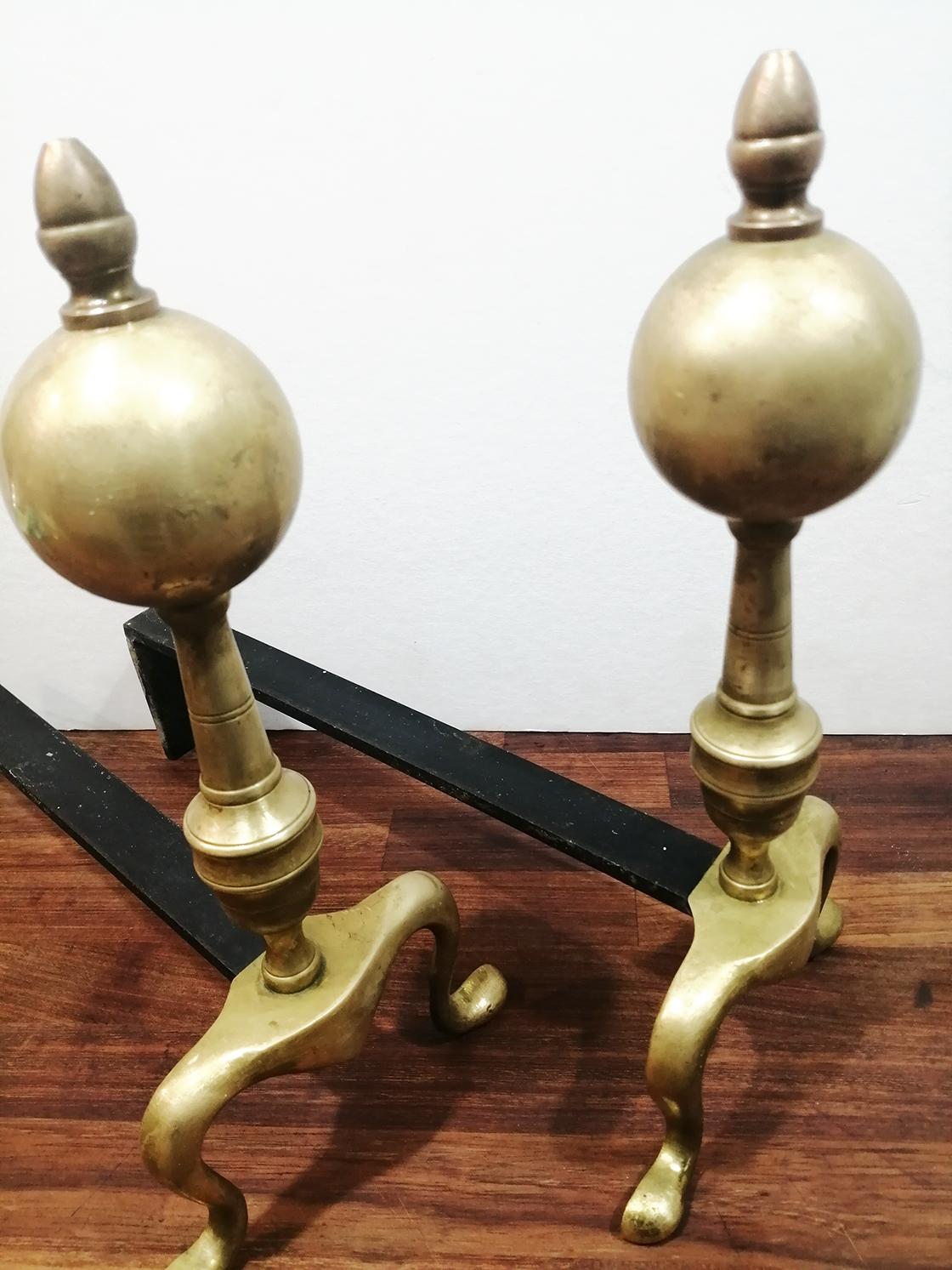 Iron Brass Andirons  Queen Anne Style First Half of 20th Century