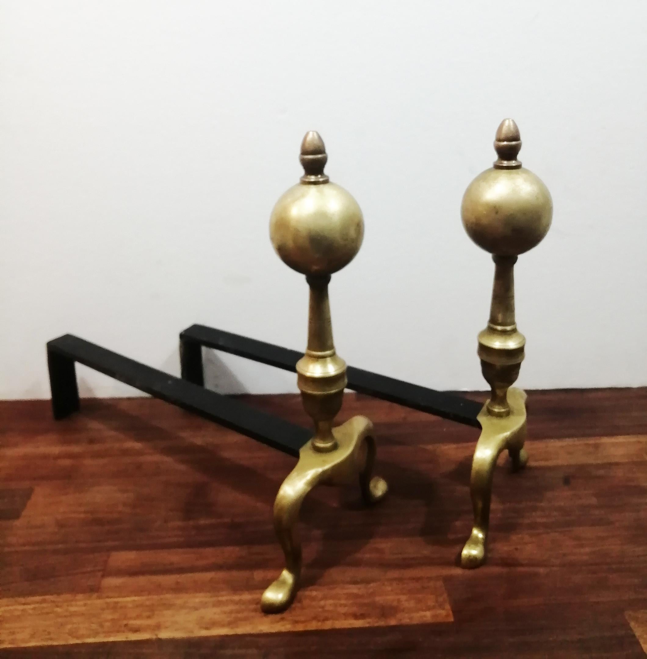 Brass Andirons  Queen Anne Style First Half of 20th Century 1