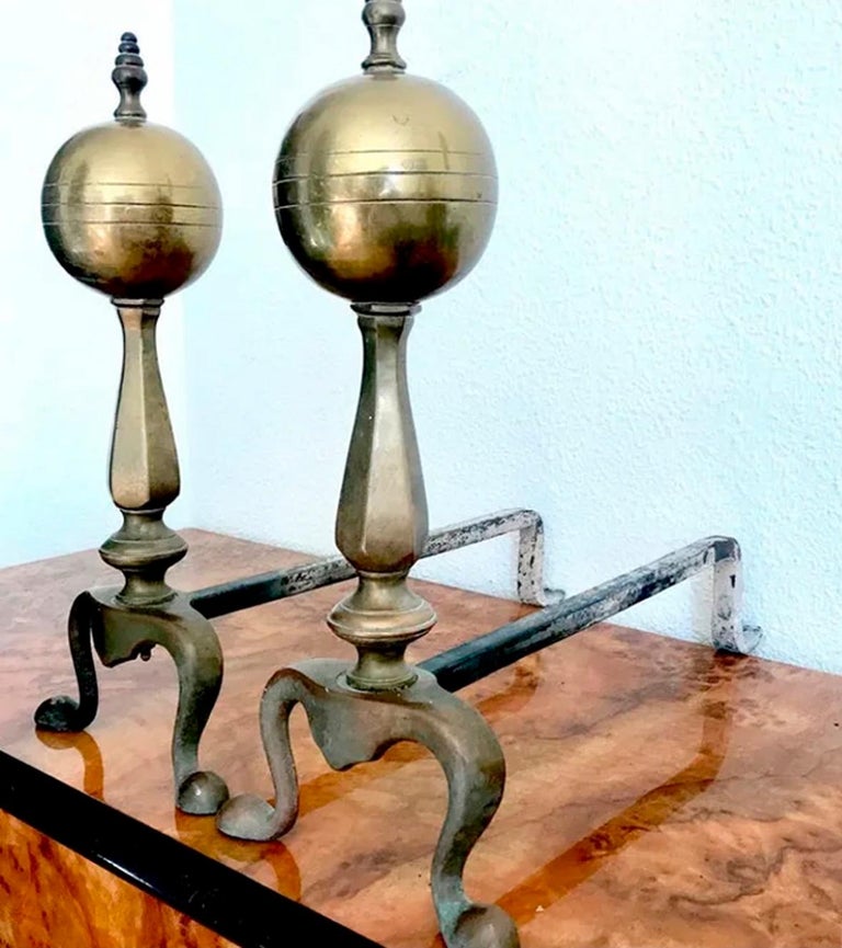 Andirons Queen Anne Style Brass and Iron Fireplaces Early 20th Century
