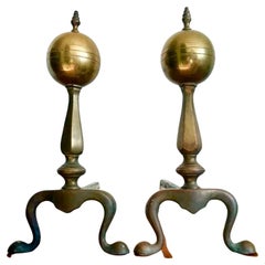 Andirons Queen Anne Style Brass and Iron  Fireplaces Early 20th Century