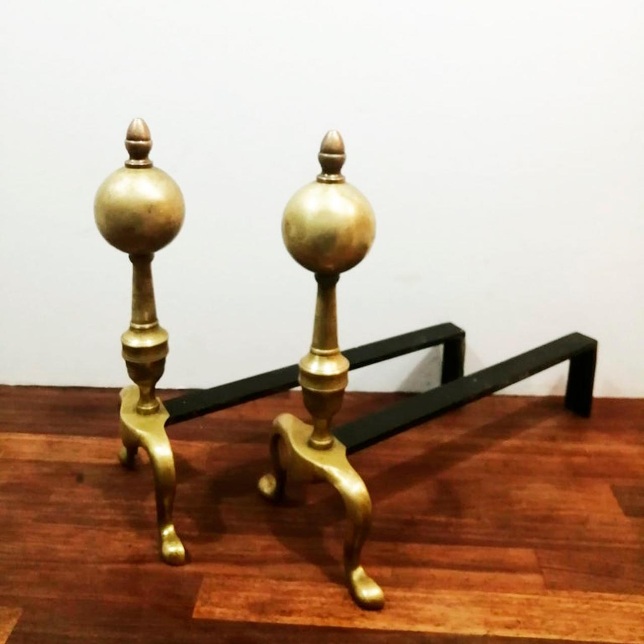 Forged Brass Andirons Queen Anne Style Spain 20th Century