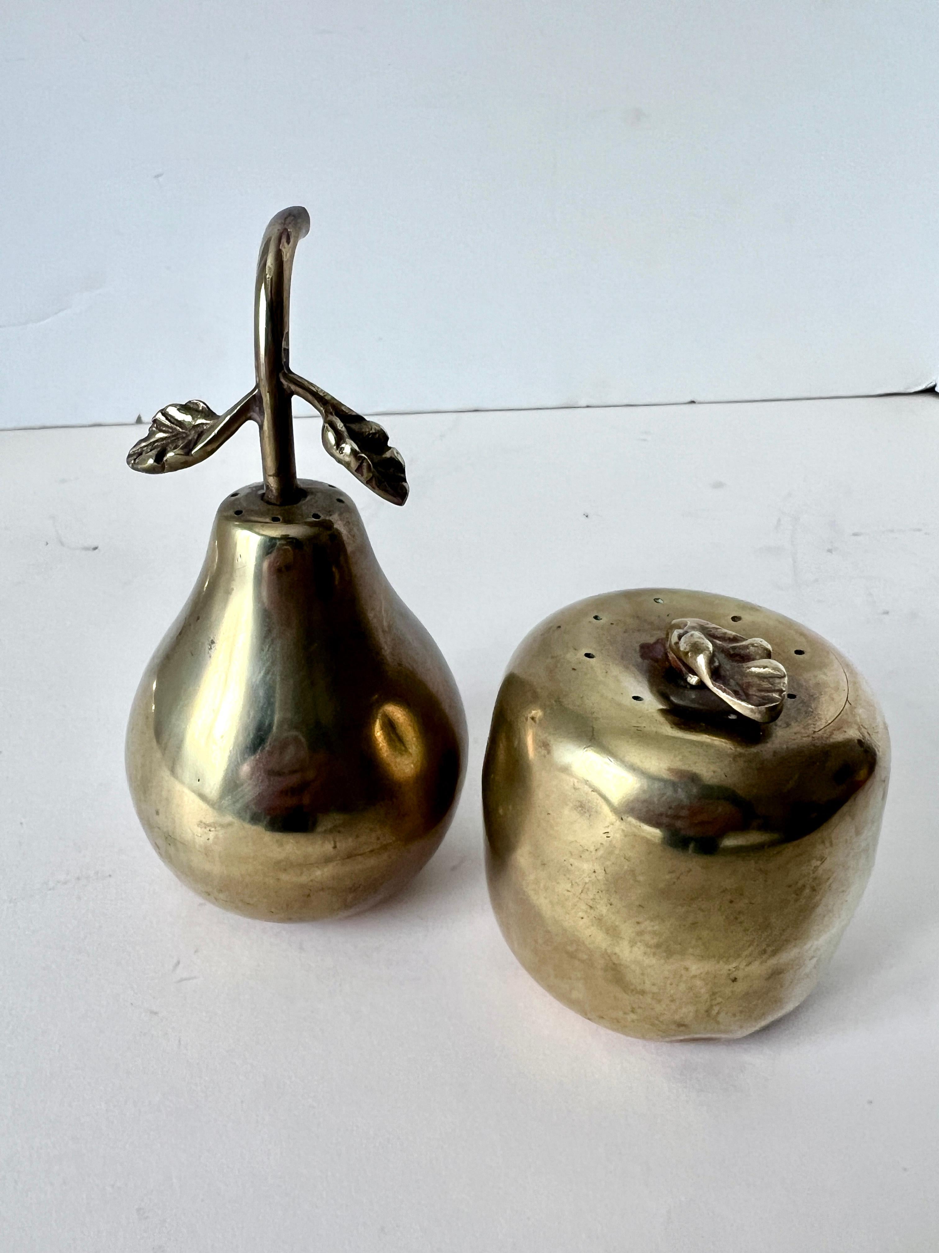Patinated Brass Apple and Pear Salt and Pepper Set For Sale
