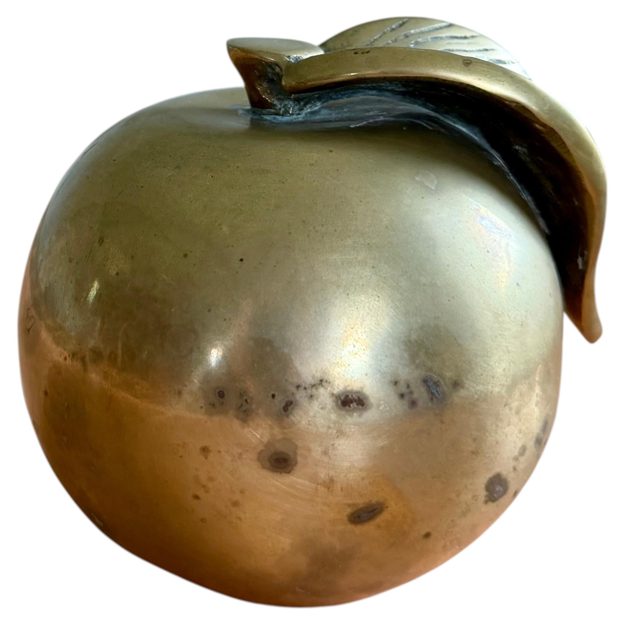 Brass Apple Table Top Sculpture Paperweight Cast Circa 1970s Unlacquered (Korea) For Sale