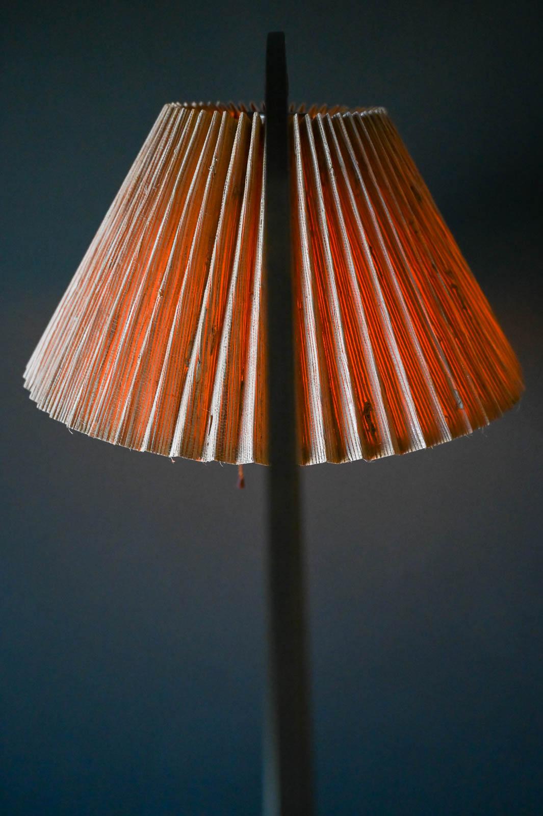 Brass Arc Floor Lamp with Original Raffia Shade, circa 1970 3
