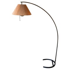 Brass Arc Floor Lamp with Original Raffia Shade, circa 1970