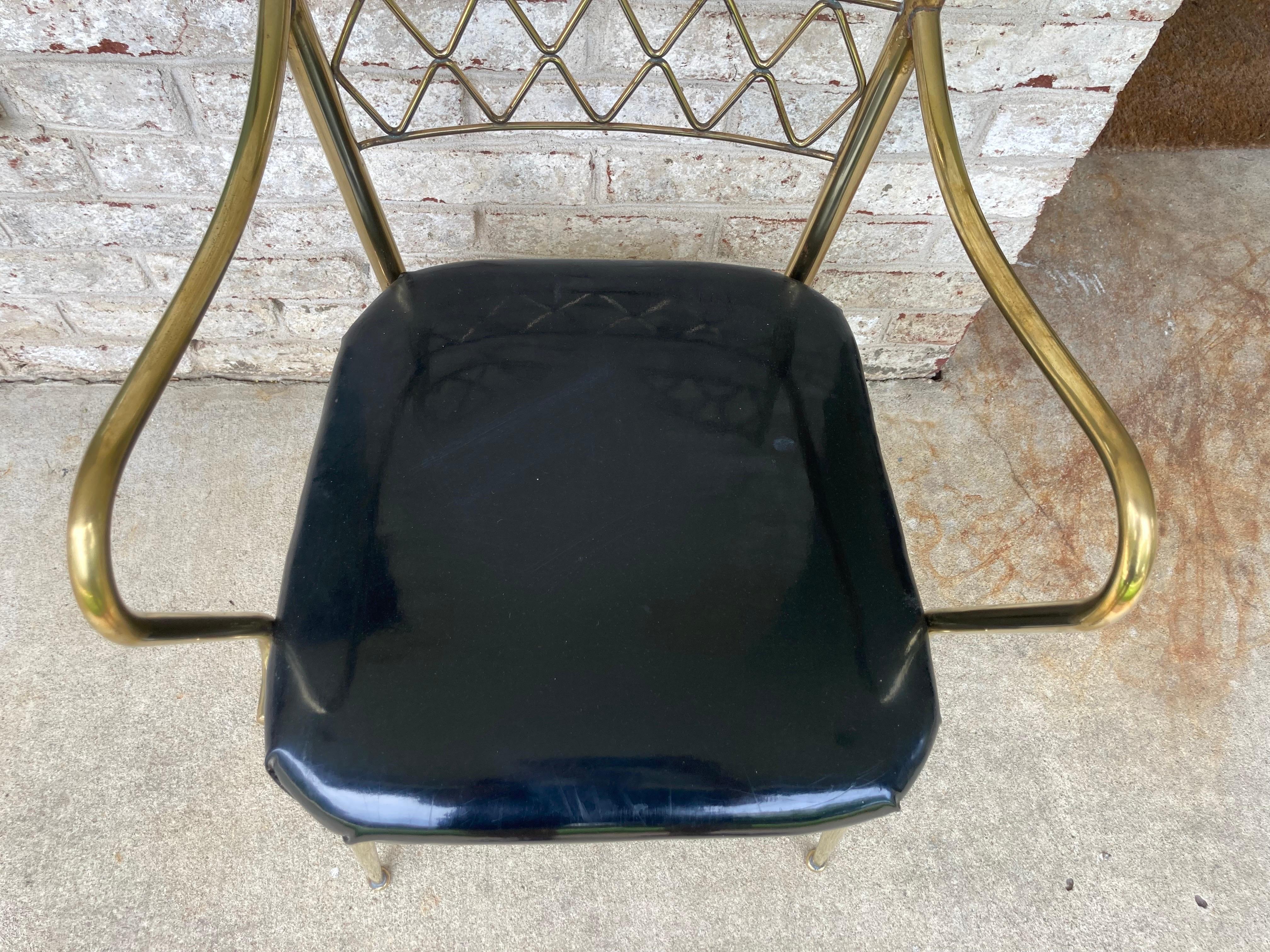 Brass Arm Chair with Black Patent Leather Seat  In Good Condition For Sale In East Hampton, NY
