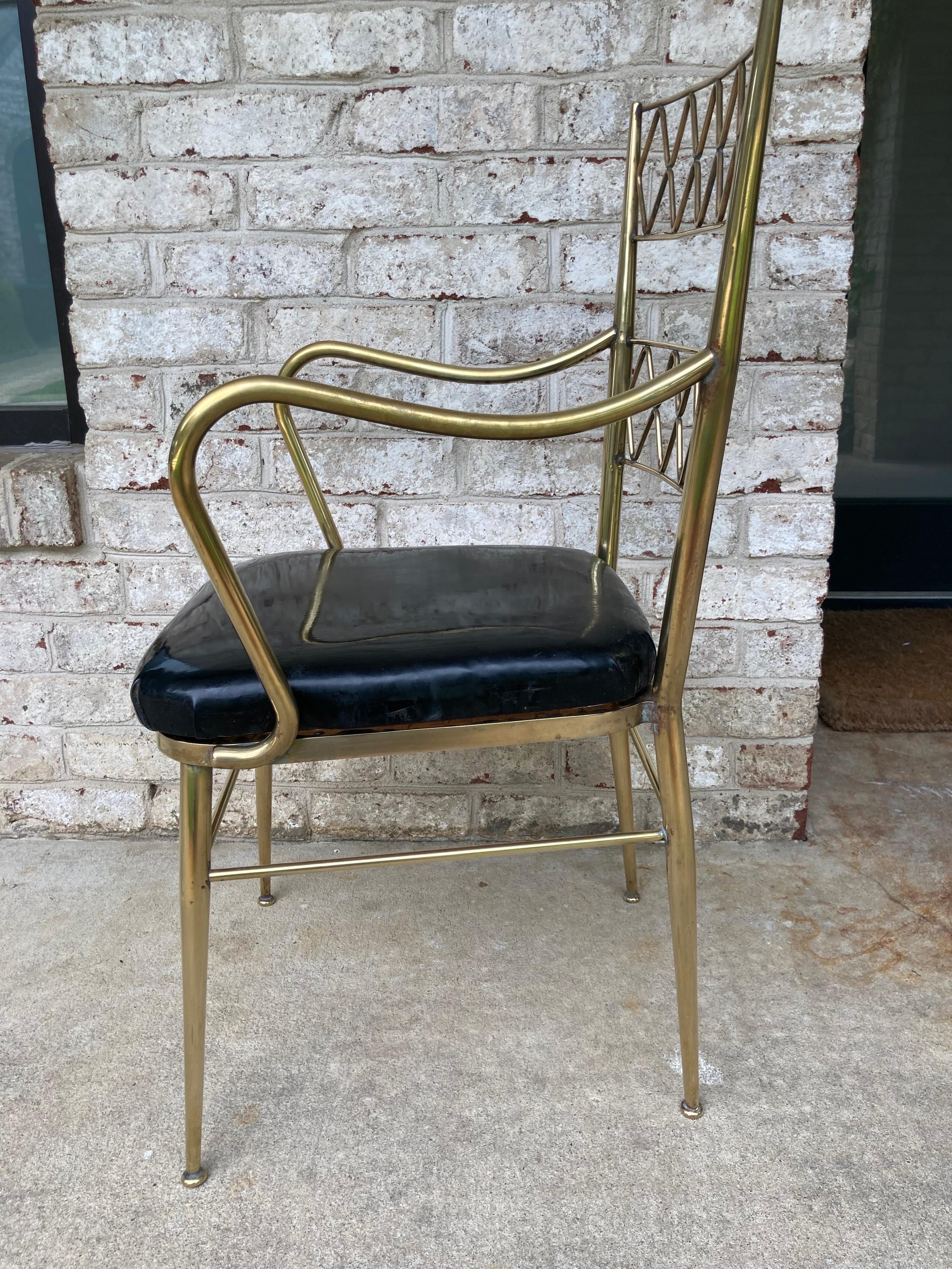 Brass Arm Chair with Black Patent Leather Seat  For Sale 2
