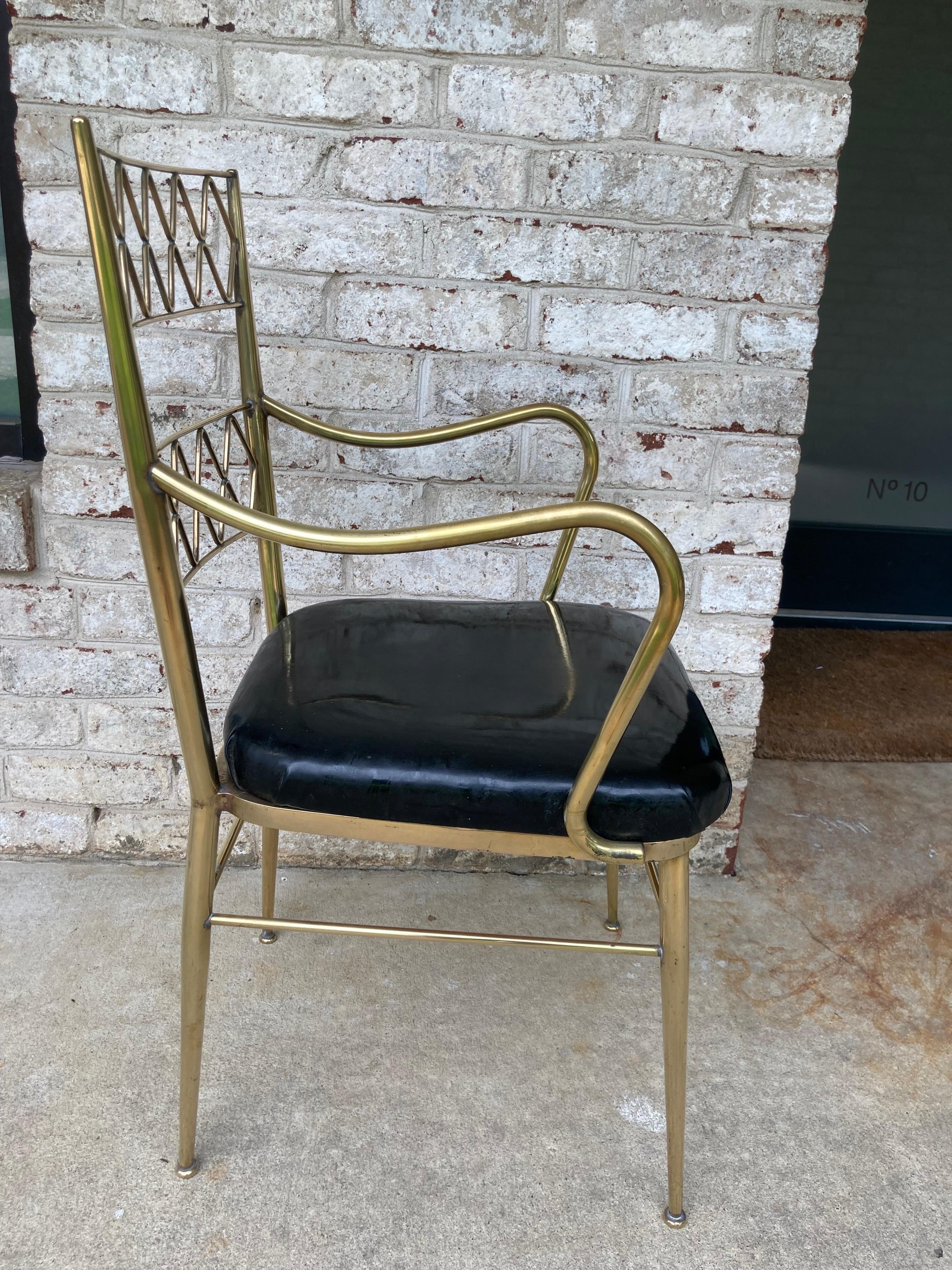 Brass Arm Chair with Black Patent Leather Seat  For Sale 4