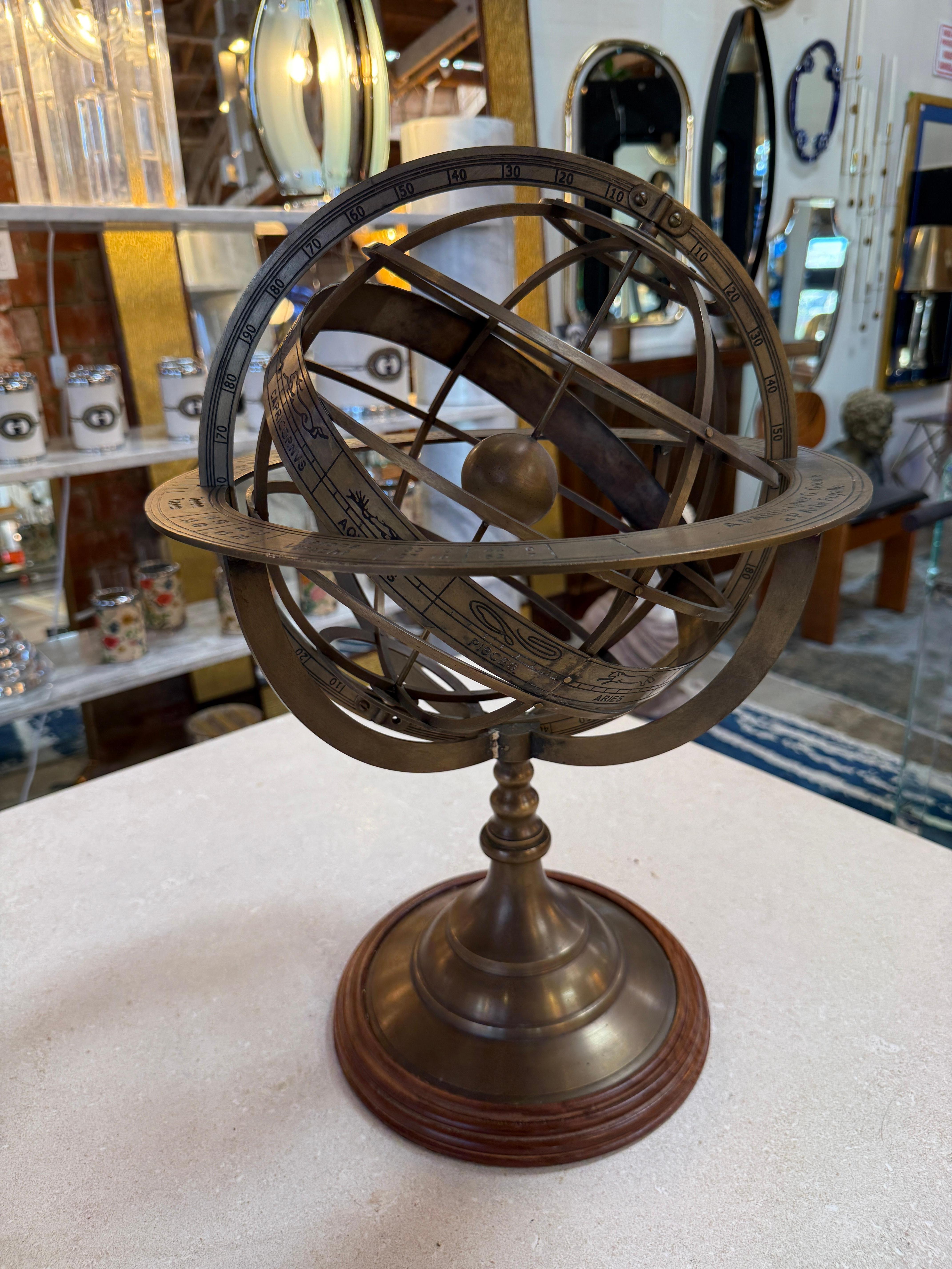 Brass Armillary Sphere on Wooden Base, Celestial Decorative Object For ...