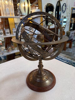 Brass Armillary Sphere on Wooden Base, Celestial Decorative Object