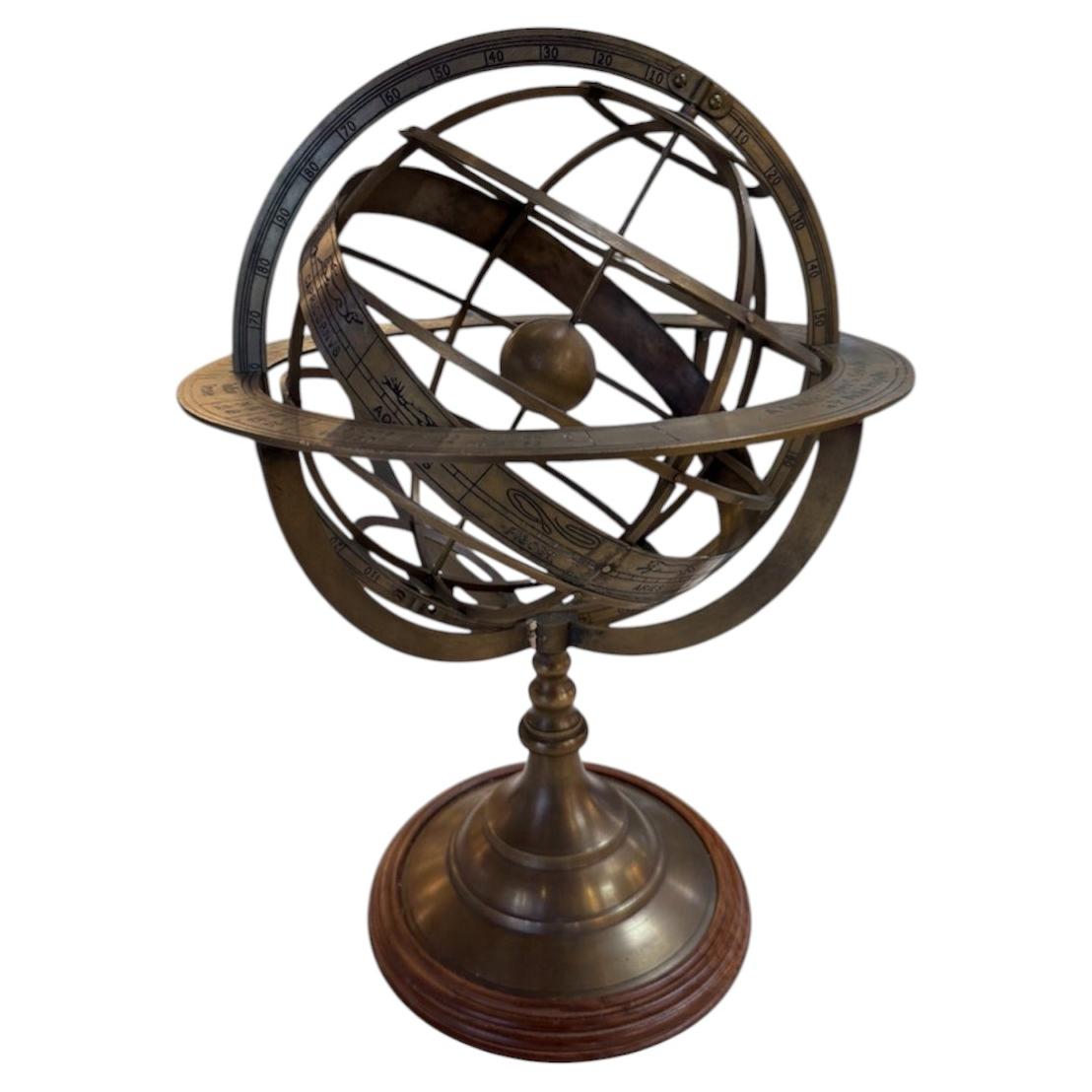 Brass Armillary Sphere on Wooden Base, Celestial Decorative Object