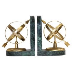 Brass Armillary Sundial Sphere Brass Globe Bookends on Green Marble