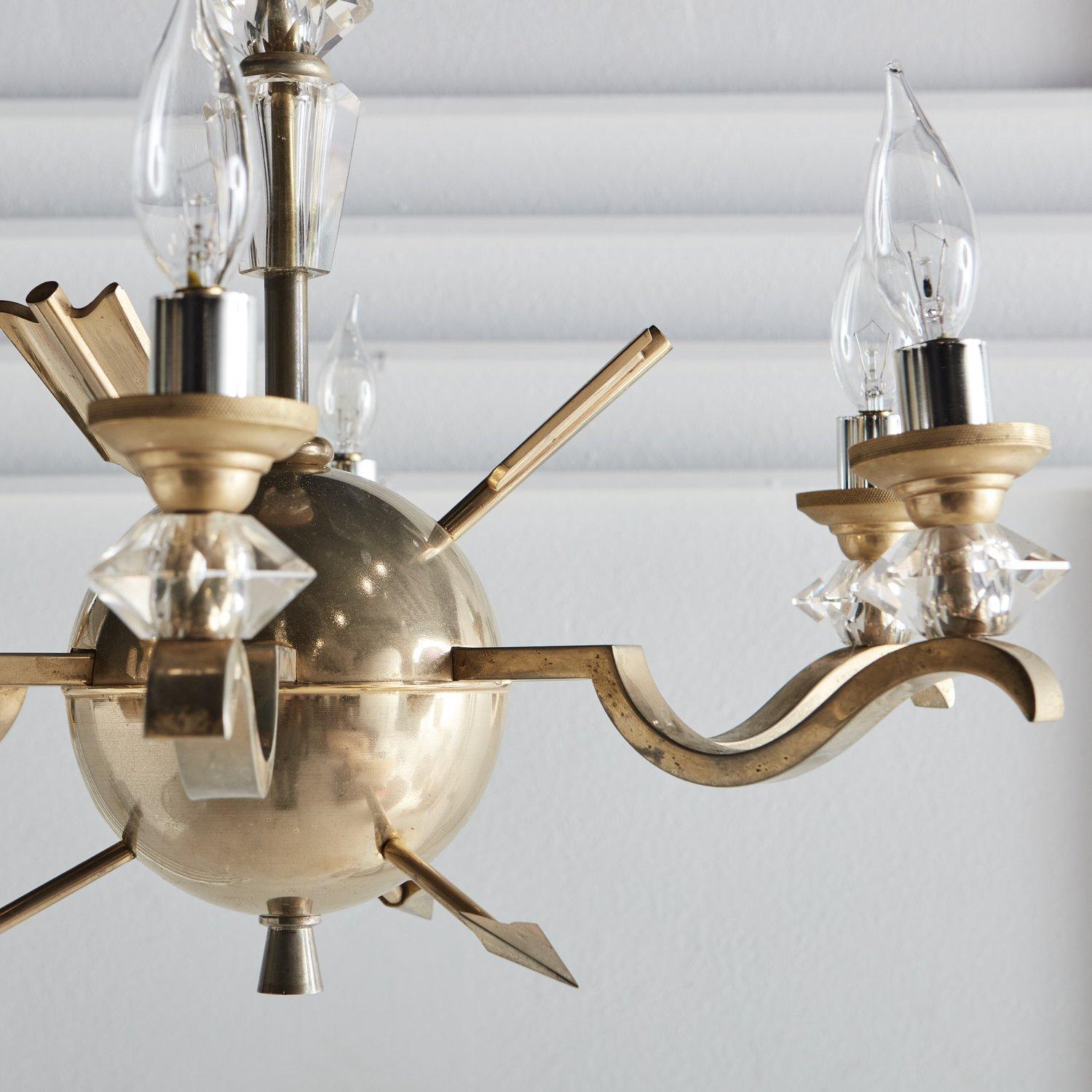 French Brass Arrow Chandelier, France Early 20th Century