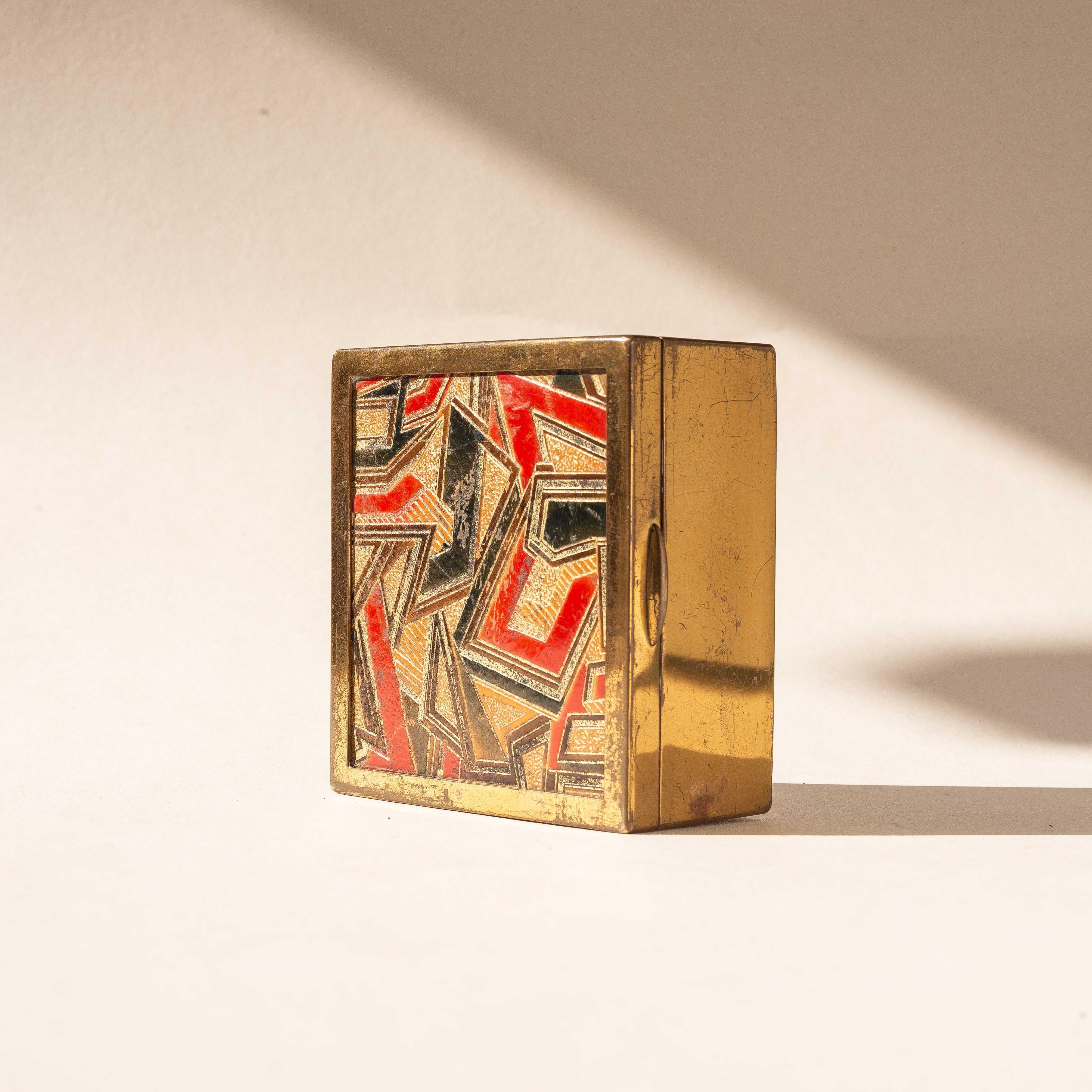 Schmuckkästchen oder Deko-Schmuckkästchen aus Messing im Art déco-Stil, farbenfrohe Ledereinlage, Frankreich (Gegossen) im Angebot
