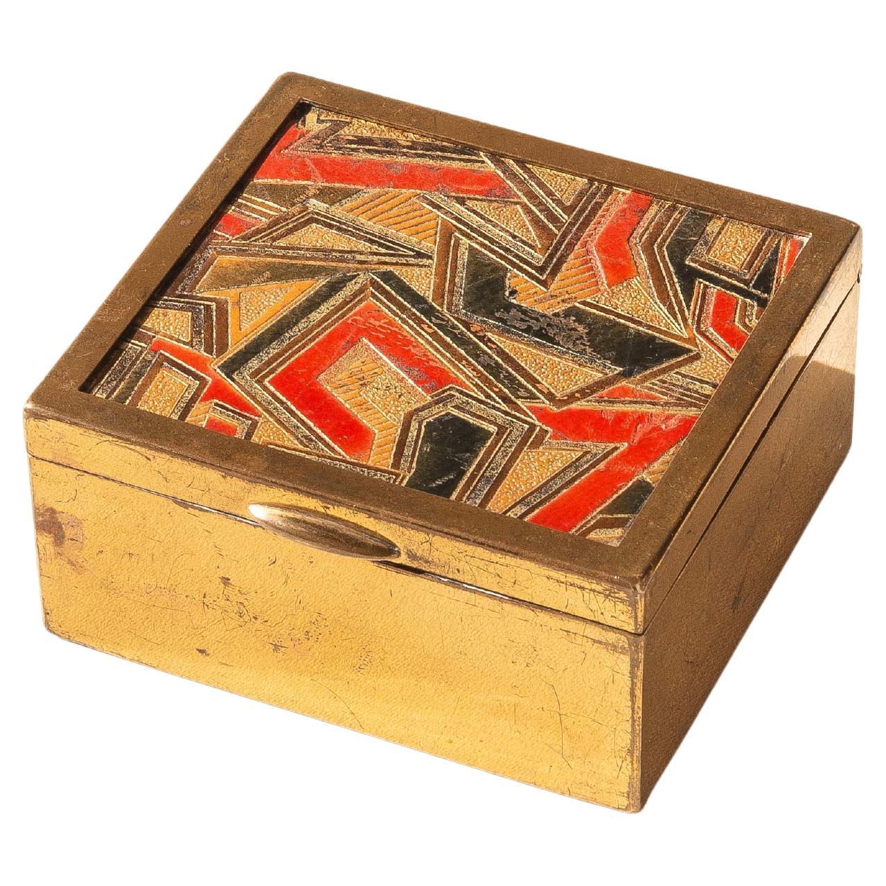 Brass Art Deco Jewelry Box or Decorative Box, Colorful Leather Inlay, France