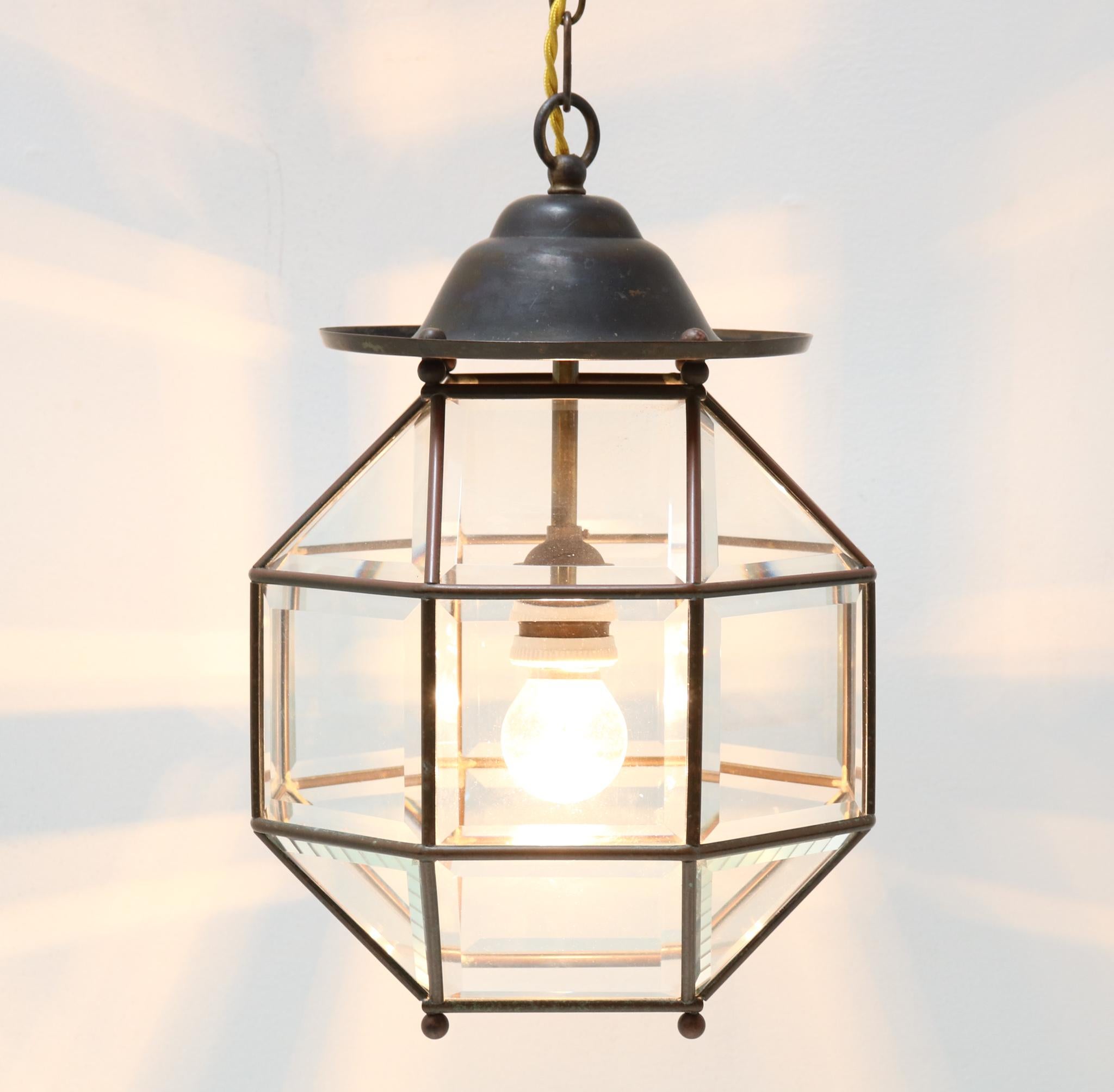 Brass Art Deco Lantern with Original Beveled Glass, 1920s In Good Condition In Amsterdam, NL