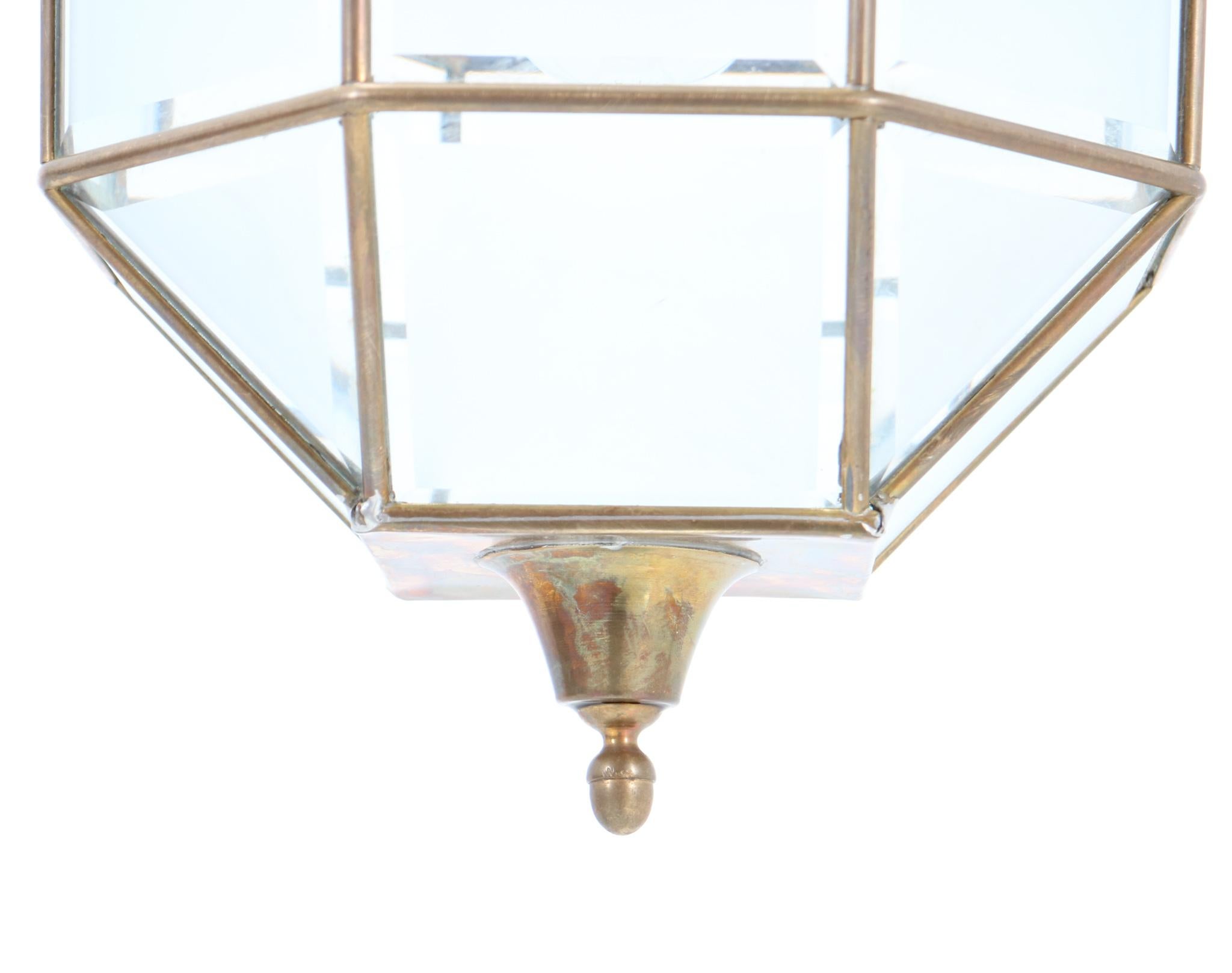 Lanterna Art Deco in ottone con vetro tagliato originale, anni '20 in vendita 3