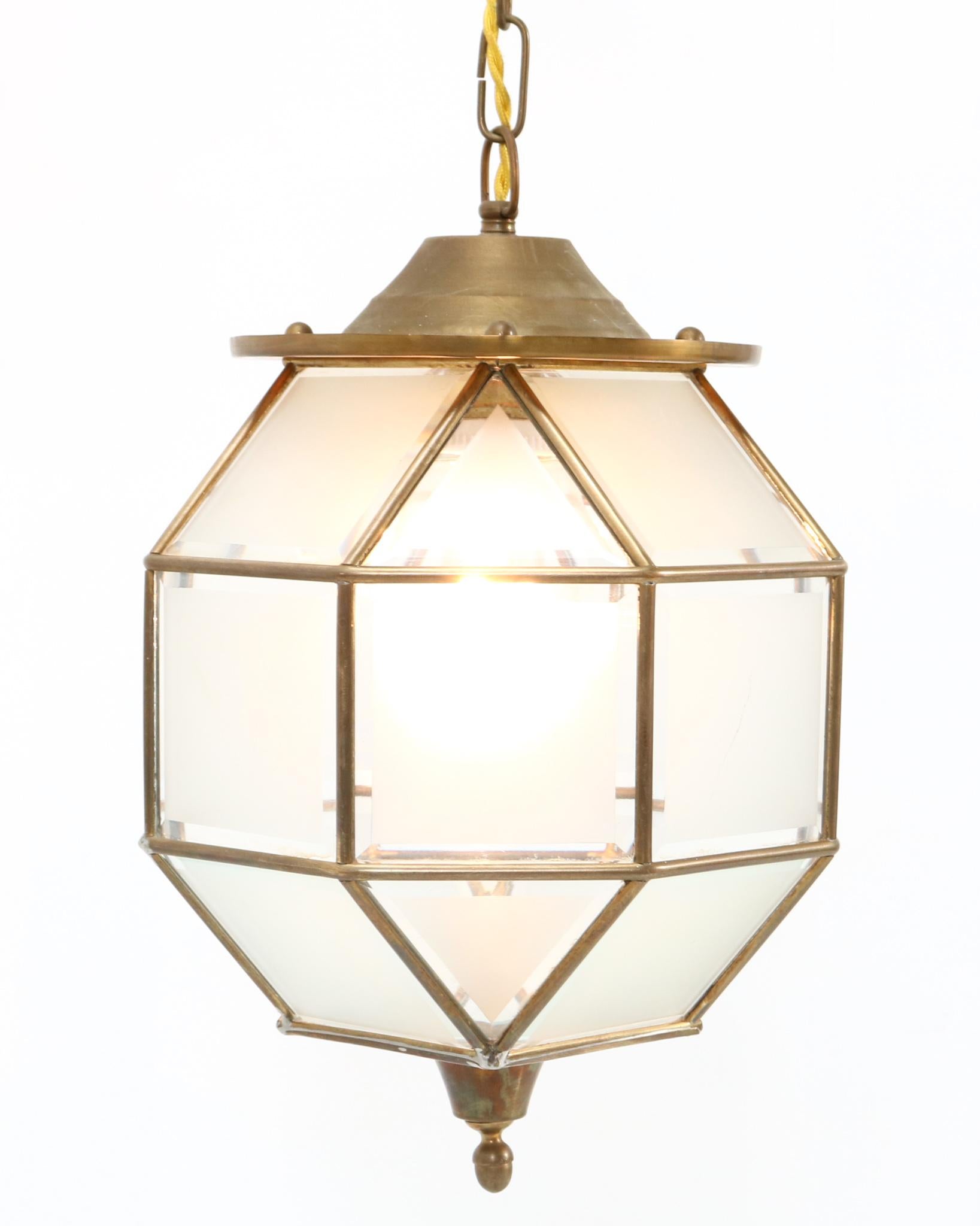 Dutch Brass Art Deco Lantern with Original Cut Glass, 1920s For Sale
