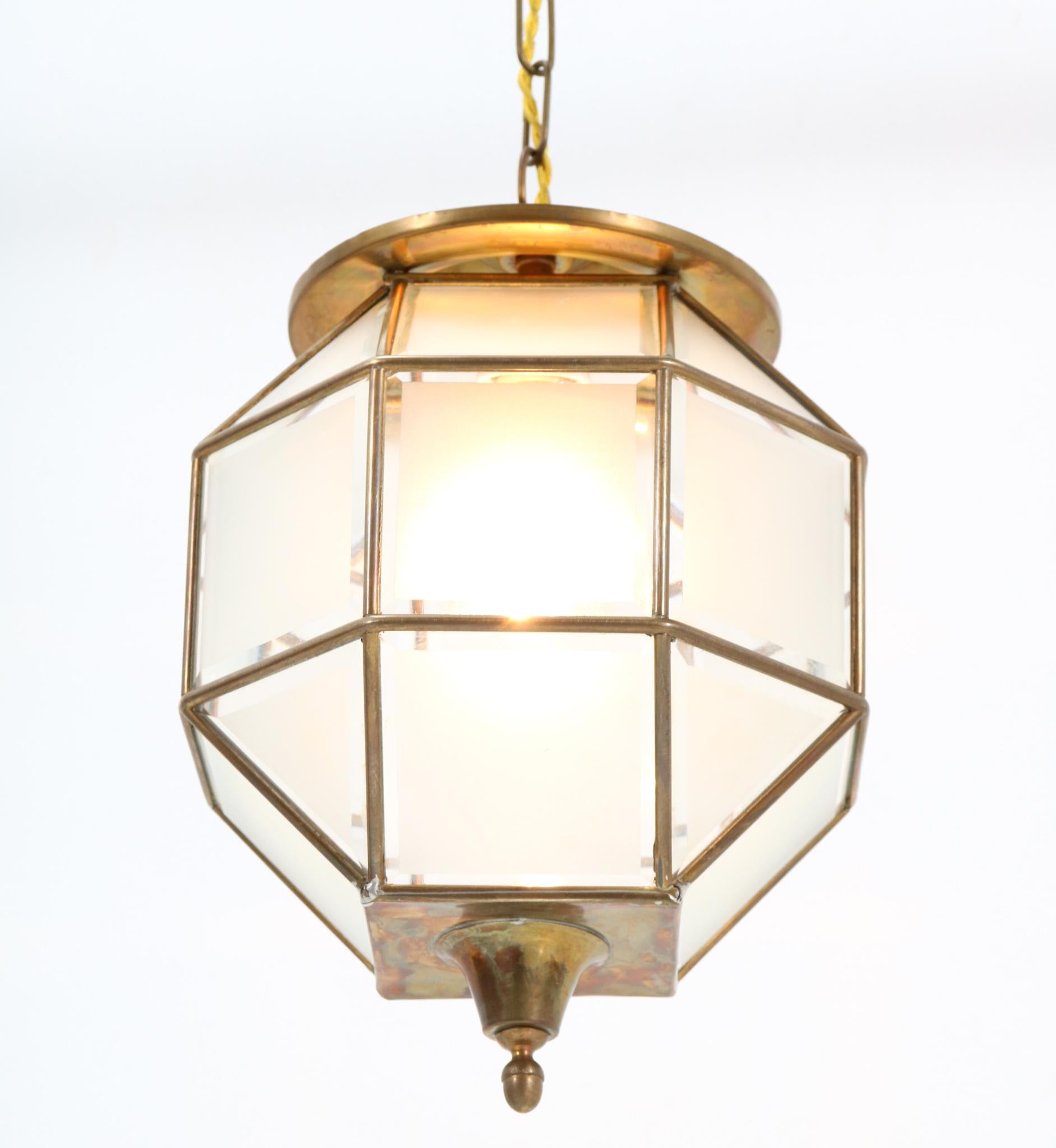 Early 20th Century Brass Art Deco Lantern with Original Cut Glass, 1920s For Sale
