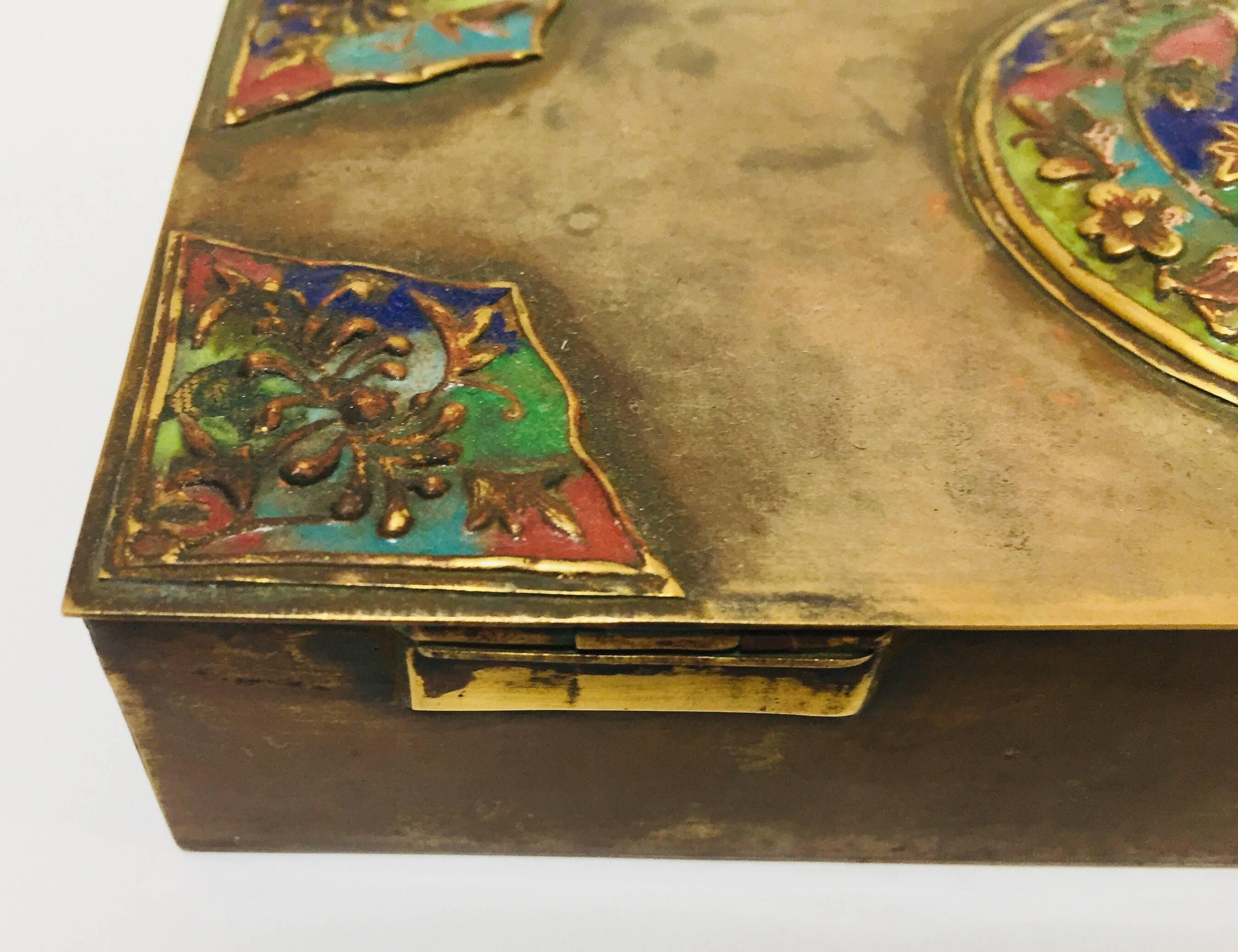 Brass Art Deco Lidded Box with Enameled Decoration In Good Condition In North Hollywood, CA