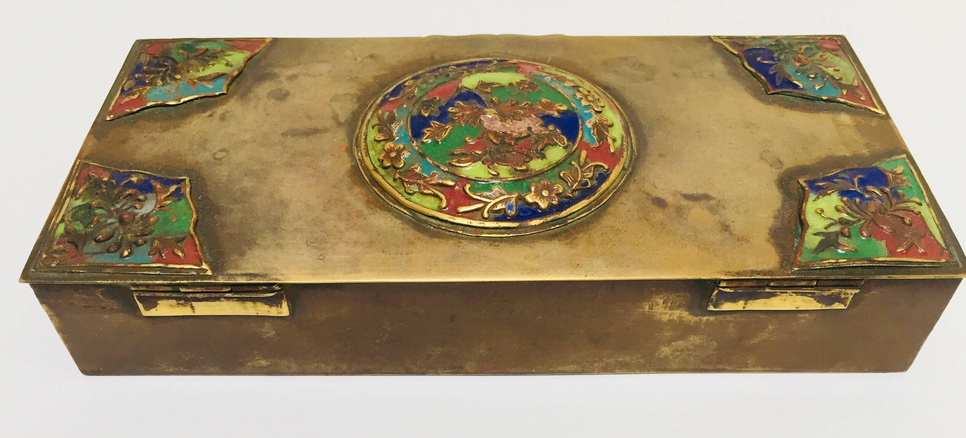 Brass Art Deco Lidded Box with Enameled Decoration 1