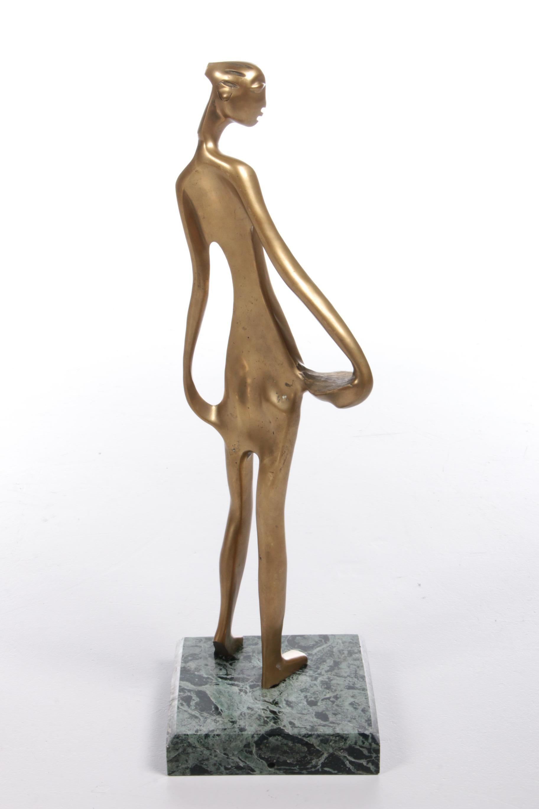 Dutch Brass Art Deco Statue of an African woman on a marble base, 1970s For Sale