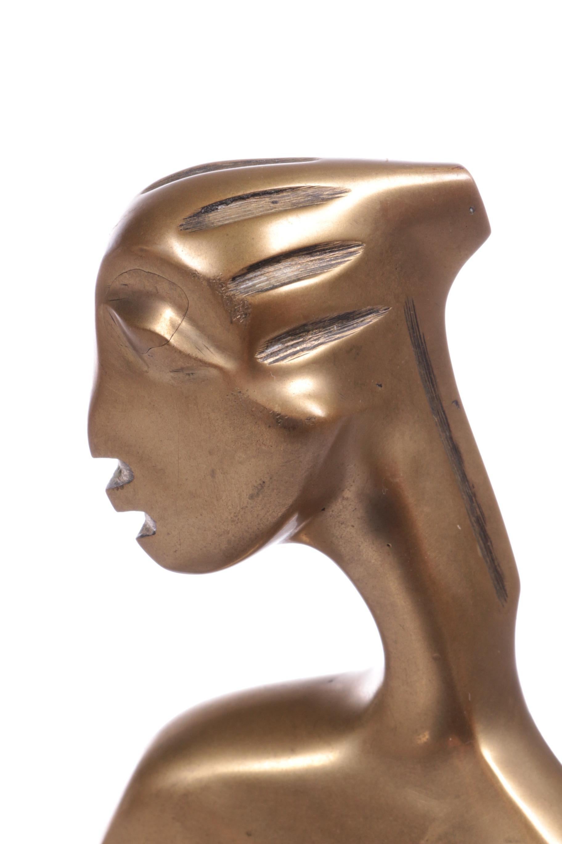 Late 20th Century Brass Art Deco Statue of an African woman on a marble base, 1970s For Sale