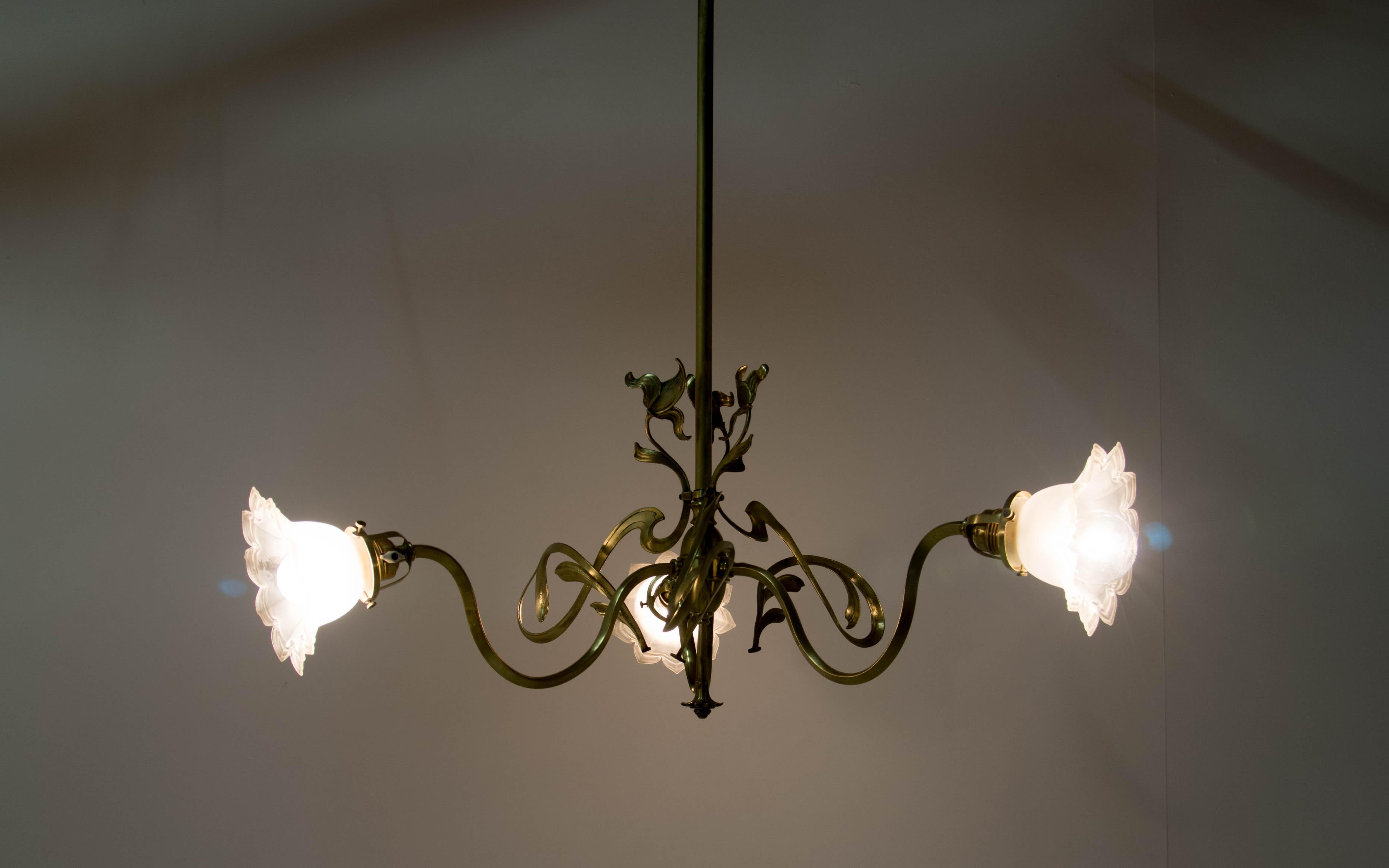 Brass Art Nouveau Chandelier, 1900s In Good Condition In Praha, CZ