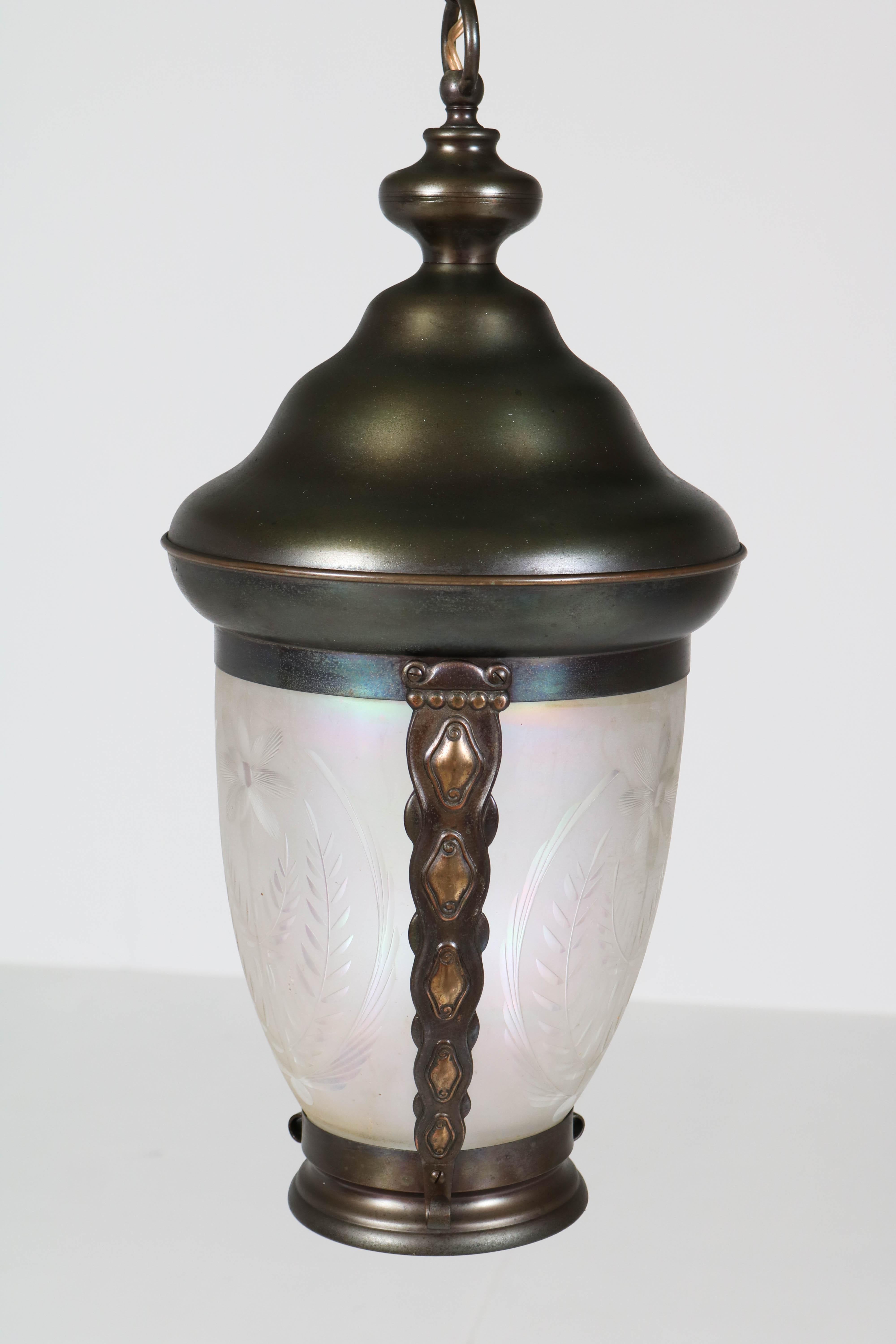 Brass Art Nouveau Lantern or Pendant Lamp with Petrol Glass Shade, 1900s For Sale 4