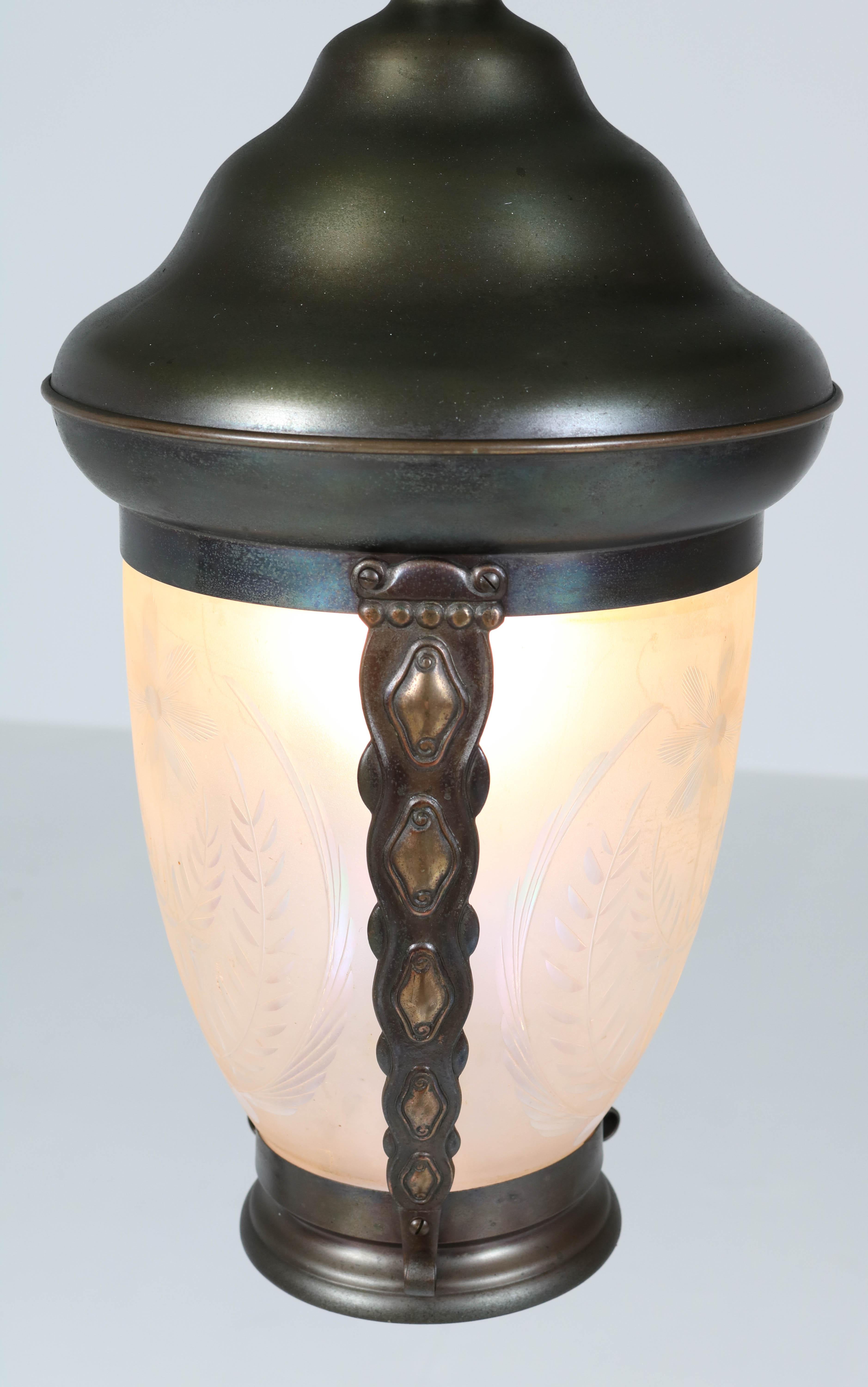 Brass Art Nouveau Lantern or Pendant Lamp with Petrol Glass Shade, 1900s For Sale 5