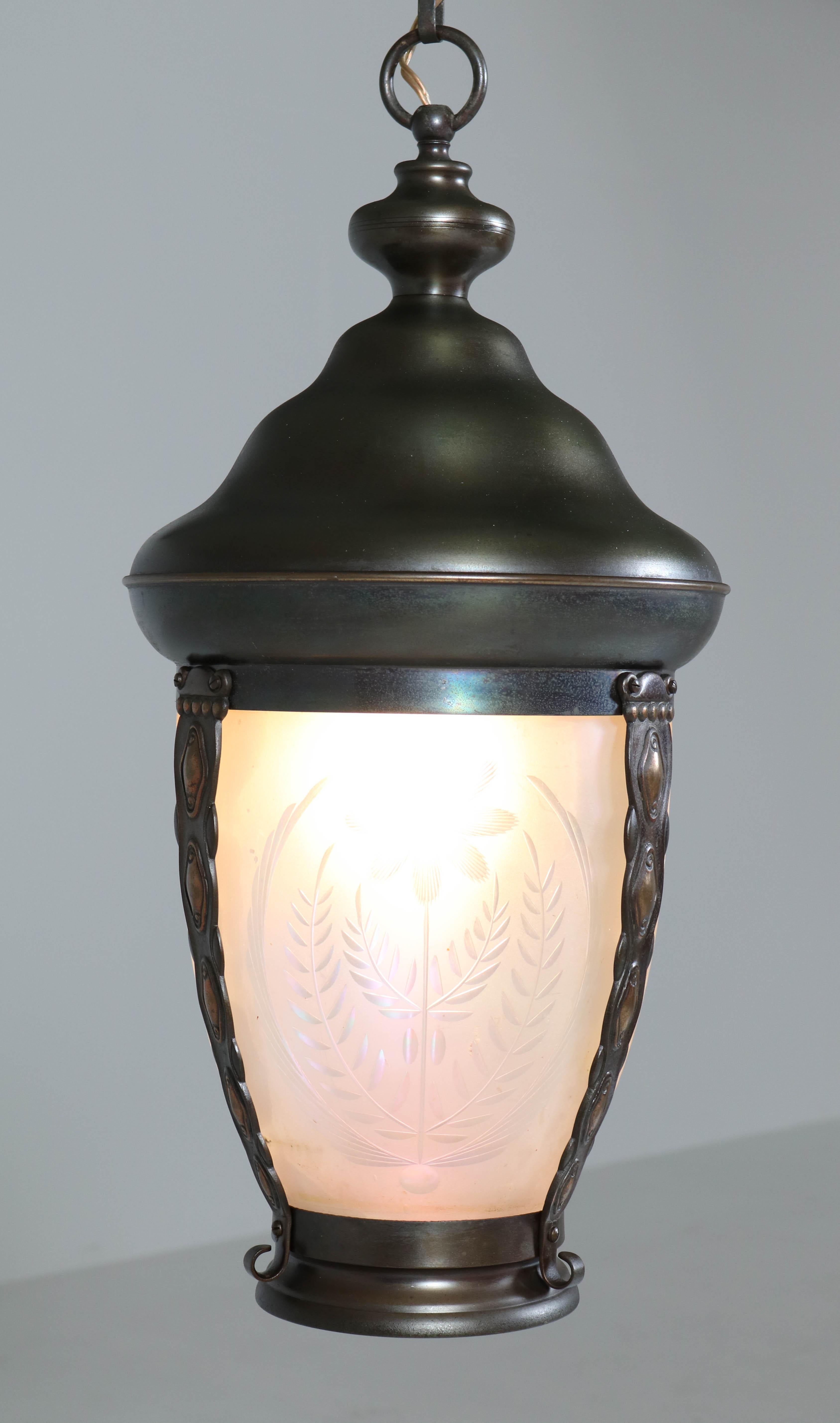 Brass Art Nouveau Lantern or Pendant Lamp with Petrol Glass Shade, 1900s For Sale 6