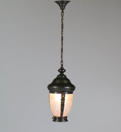 Brass Art Nouveau Lantern or Pendant Lamp with Petrol Glass Shade, 1900s