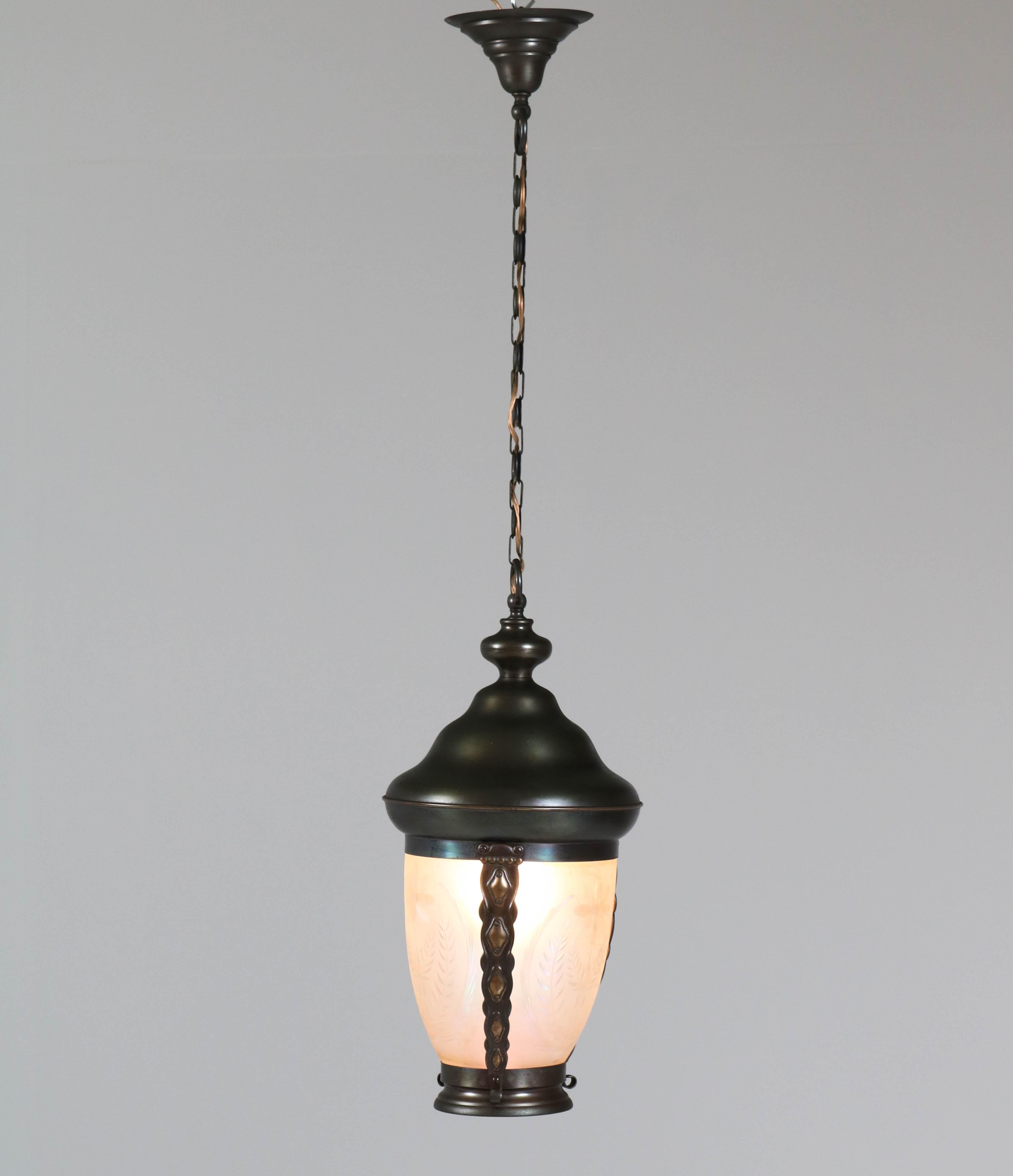 Dutch Brass Art Nouveau Lantern or Pendant Lamp with Petrol Glass Shade, 1900s For Sale