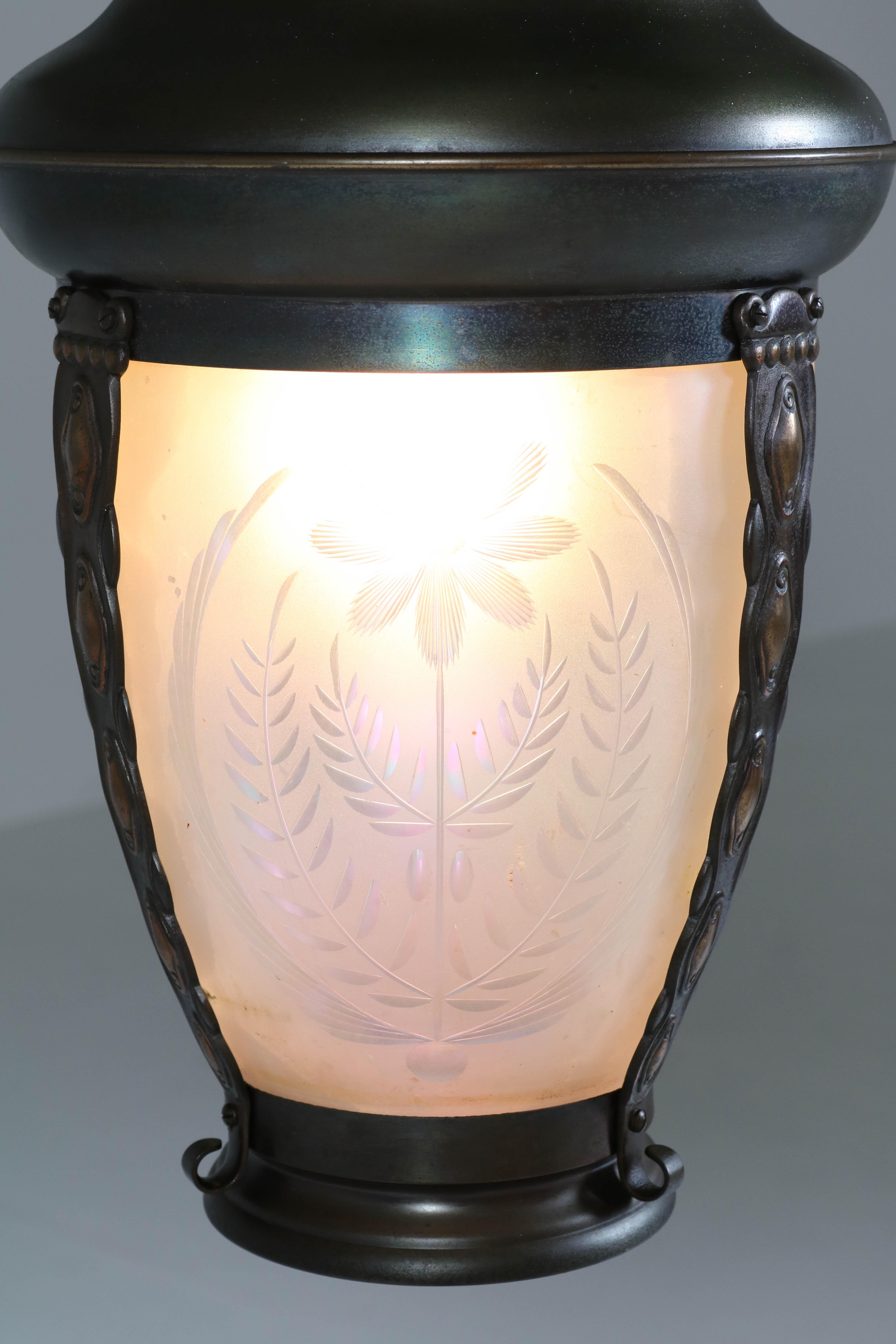 Brass Art Nouveau Lantern or Pendant Lamp with Petrol Glass Shade, 1900s In Good Condition For Sale In Amsterdam, NL