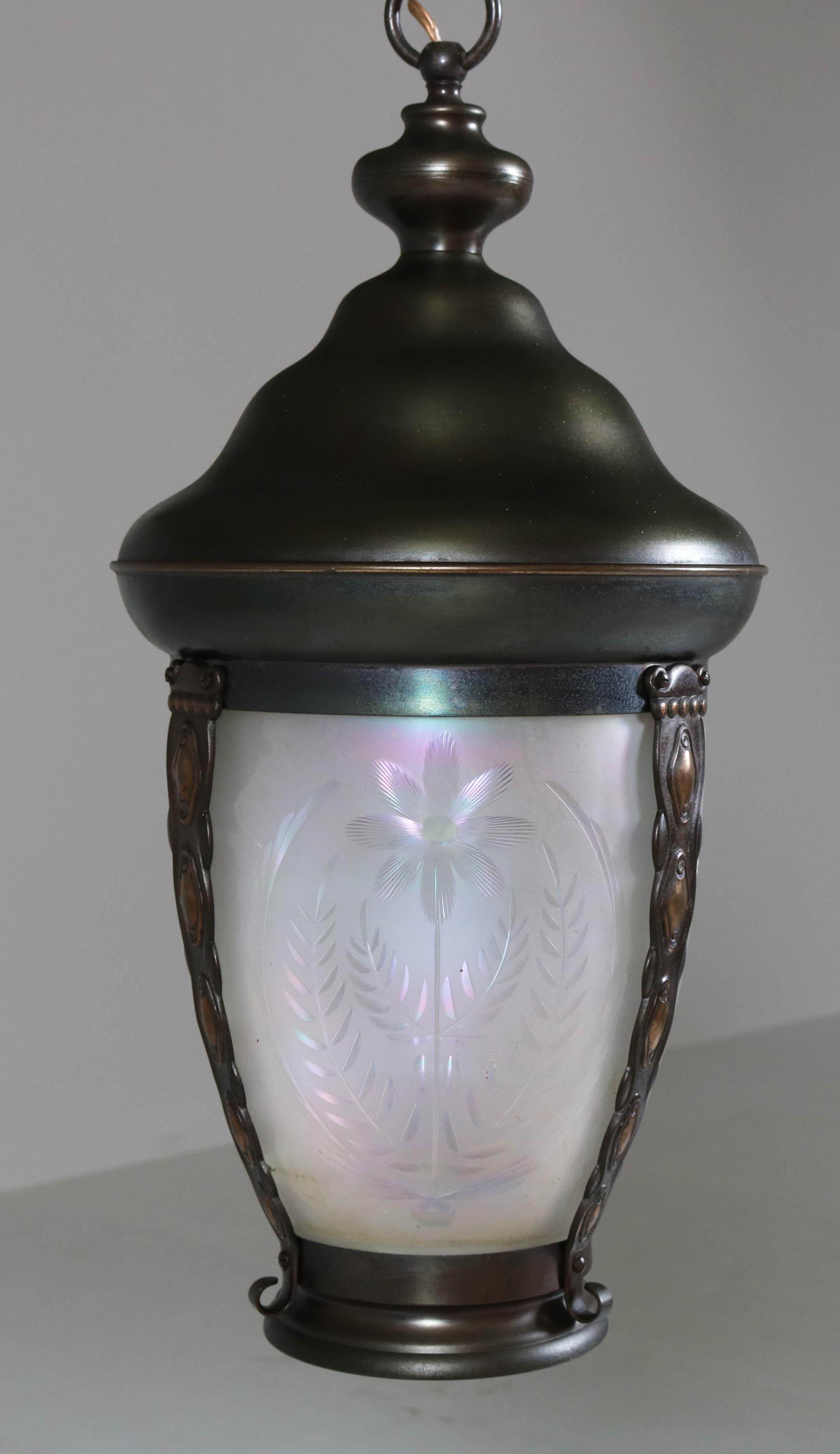 Brass Art Nouveau Lantern or Pendant Lamp with Petrol Glass Shade, 1900s For Sale 1