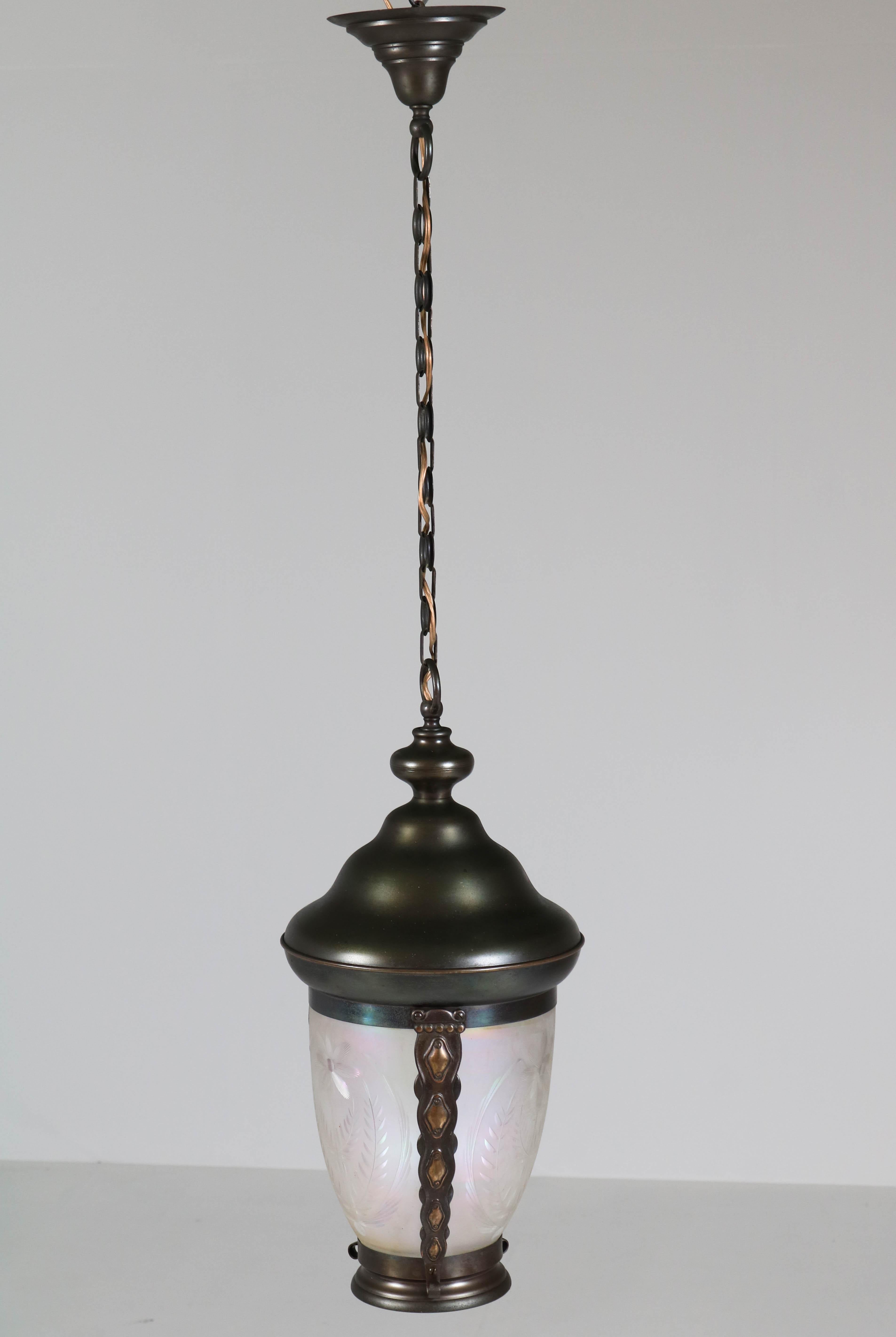 Brass Art Nouveau Lantern or Pendant Lamp with Petrol Glass Shade, 1900s For Sale 2