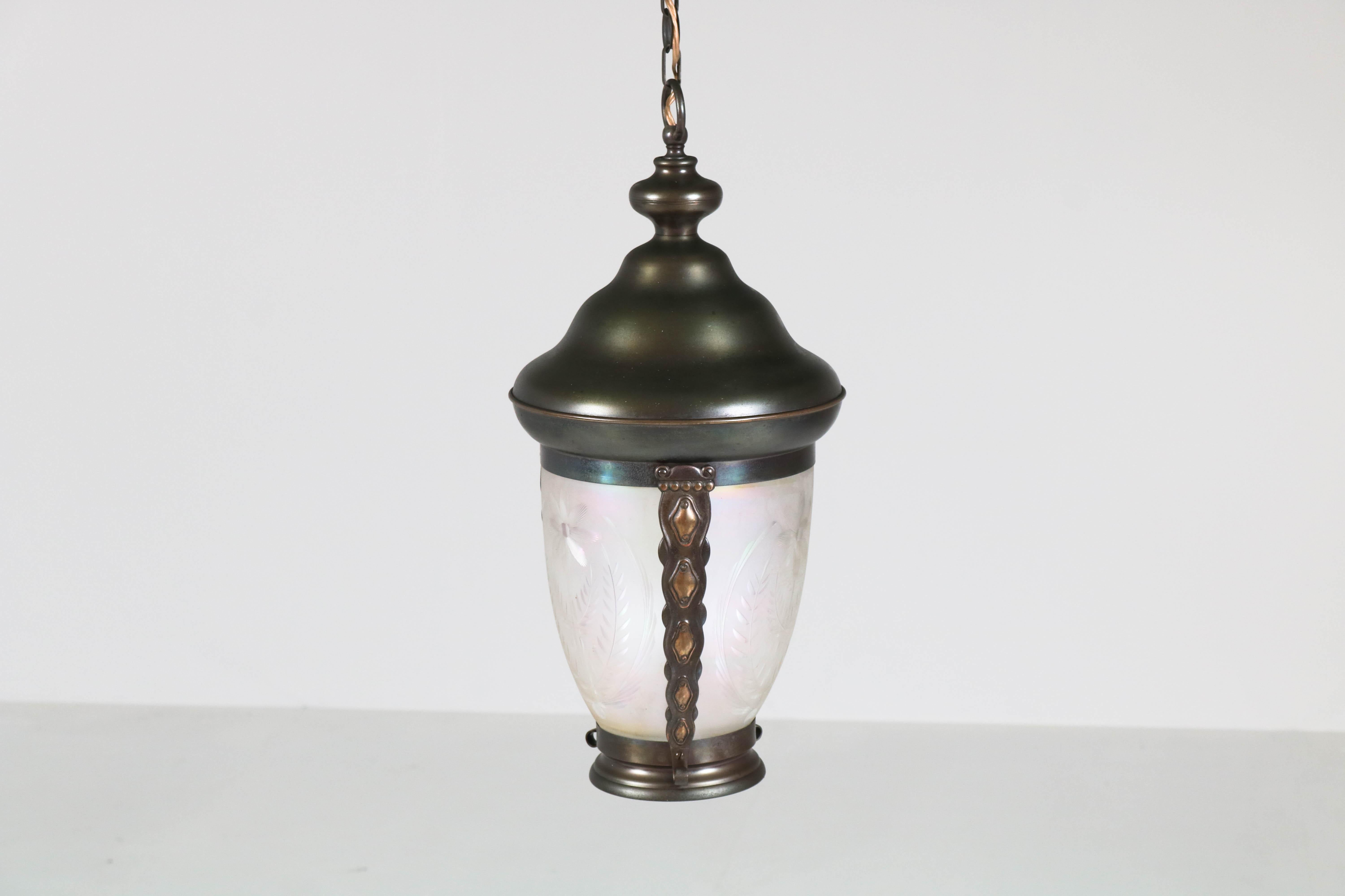 Brass Art Nouveau Lantern or Pendant Lamp with Petrol Glass Shade, 1900s For Sale 3
