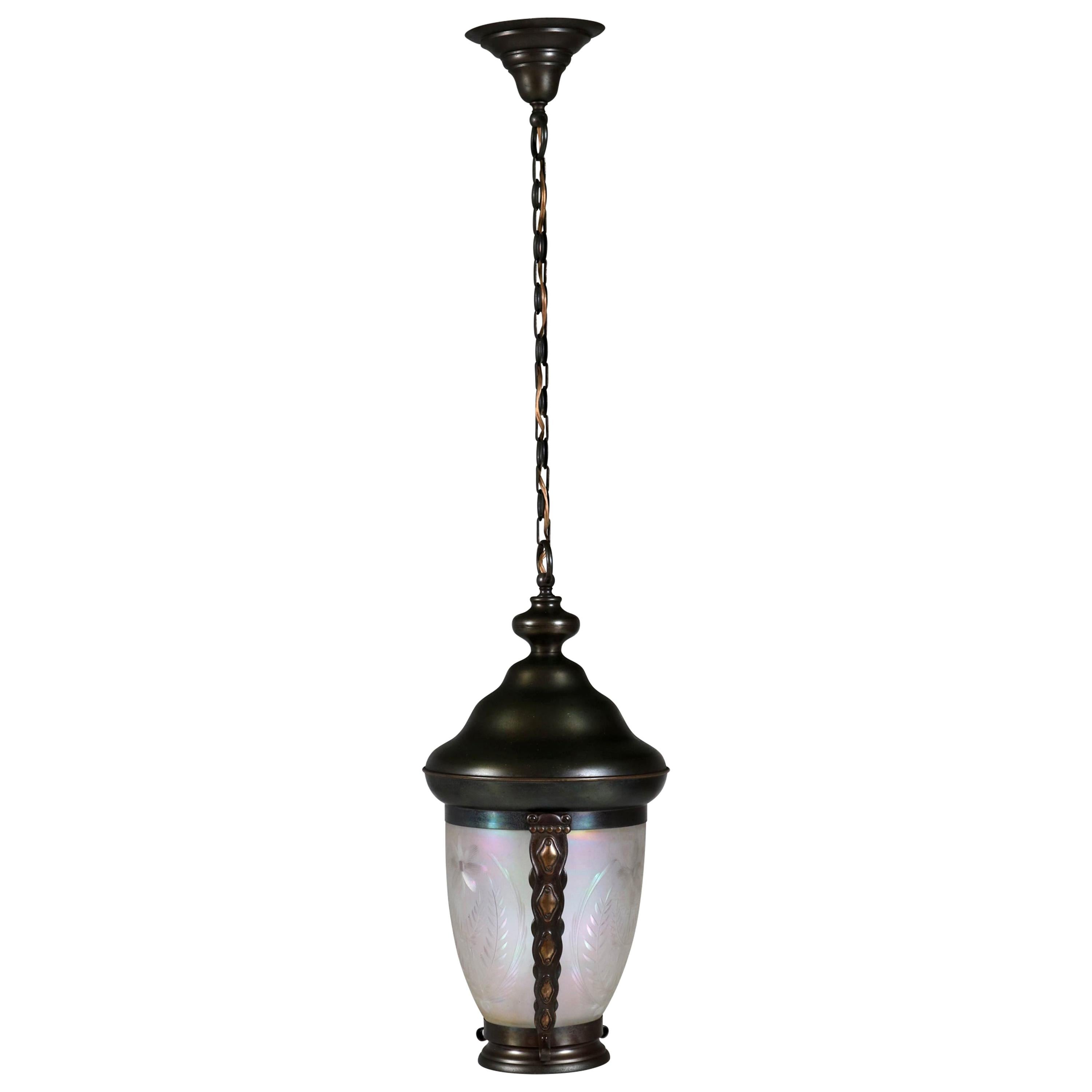 Brass Art Nouveau Lantern or Pendant Lamp with Petrol Glass Shade, 1900s For Sale