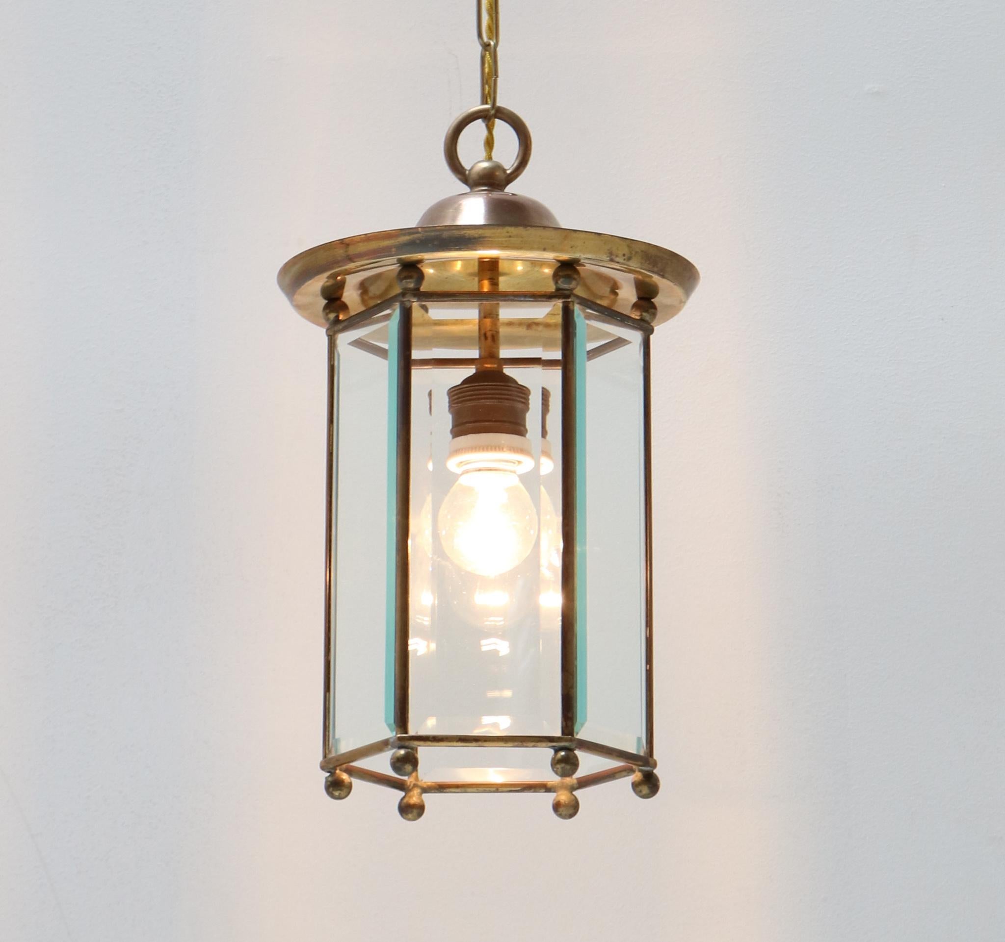 Dutch Brass Art Nouveau Lantern with Glass, 1900s For Sale