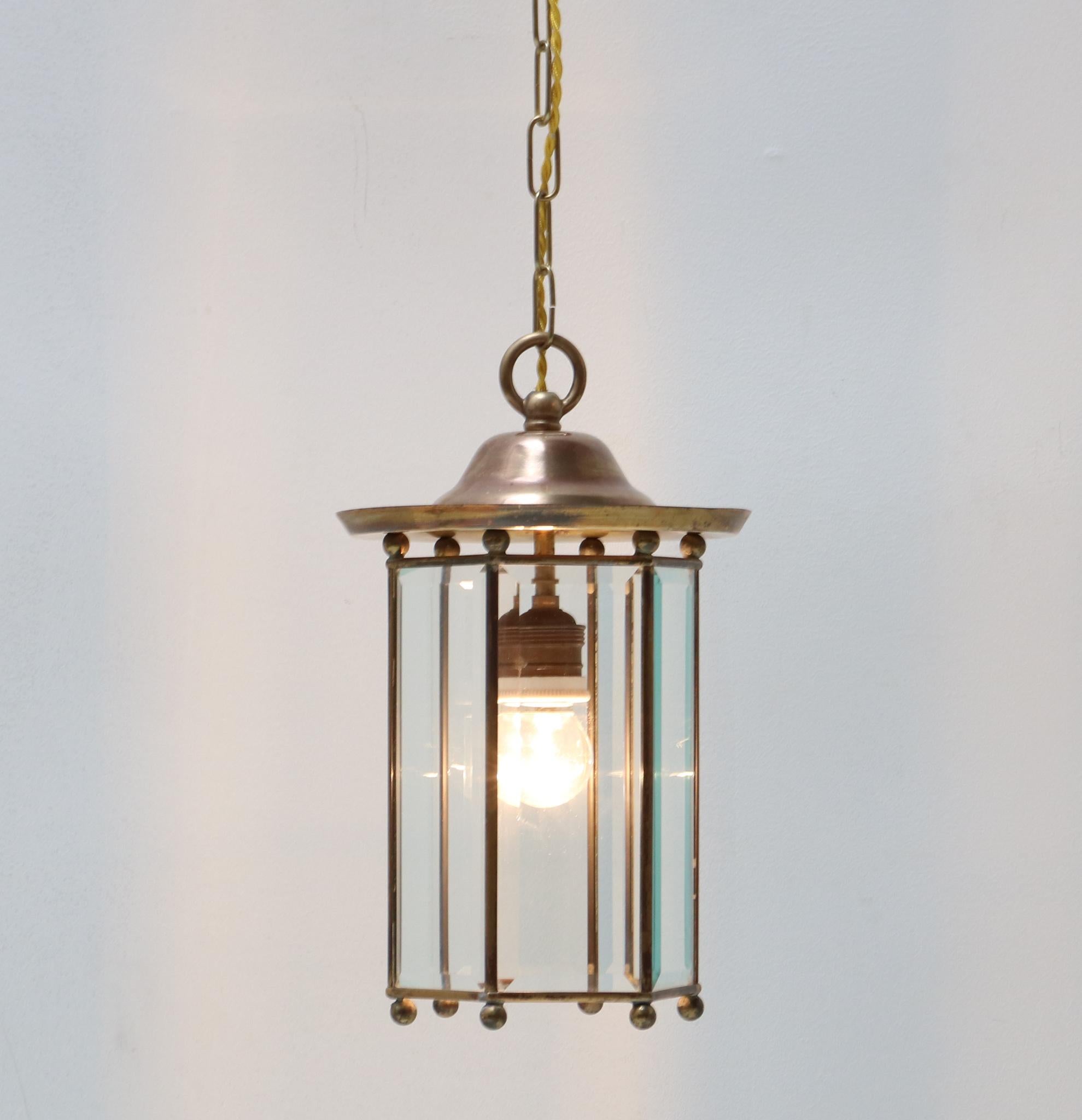 Early 20th Century Brass Art Nouveau Lantern with Glass, 1900s For Sale