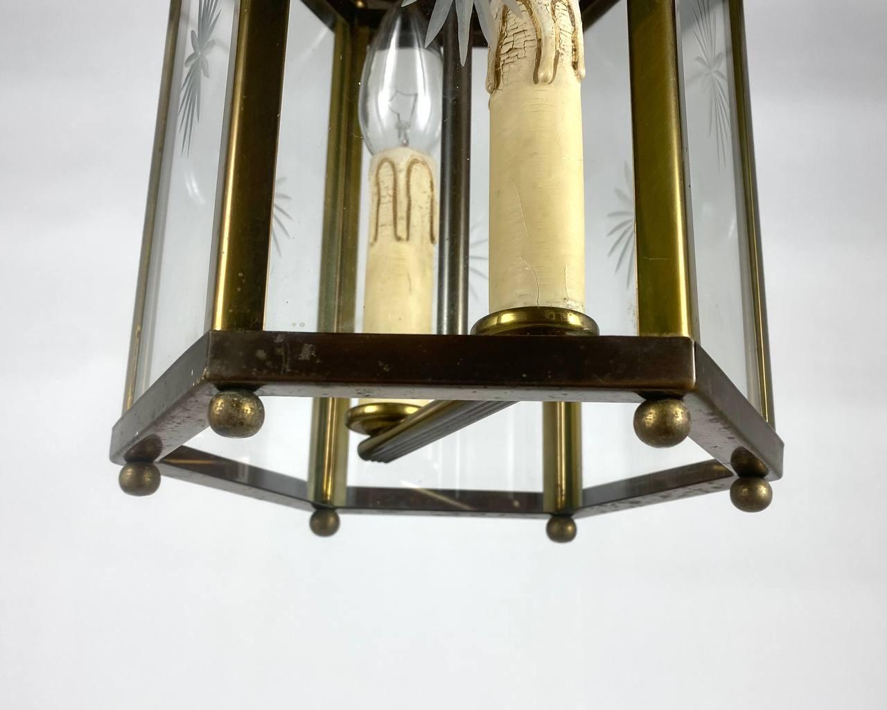 Late 20th Century Brass Art Nouveau Lantern with Glass Panels Vintage Lighting For Sale