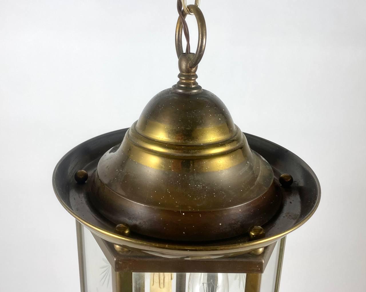 Brass Art Nouveau Lantern with Glass Panels Vintage Lighting For Sale 1
