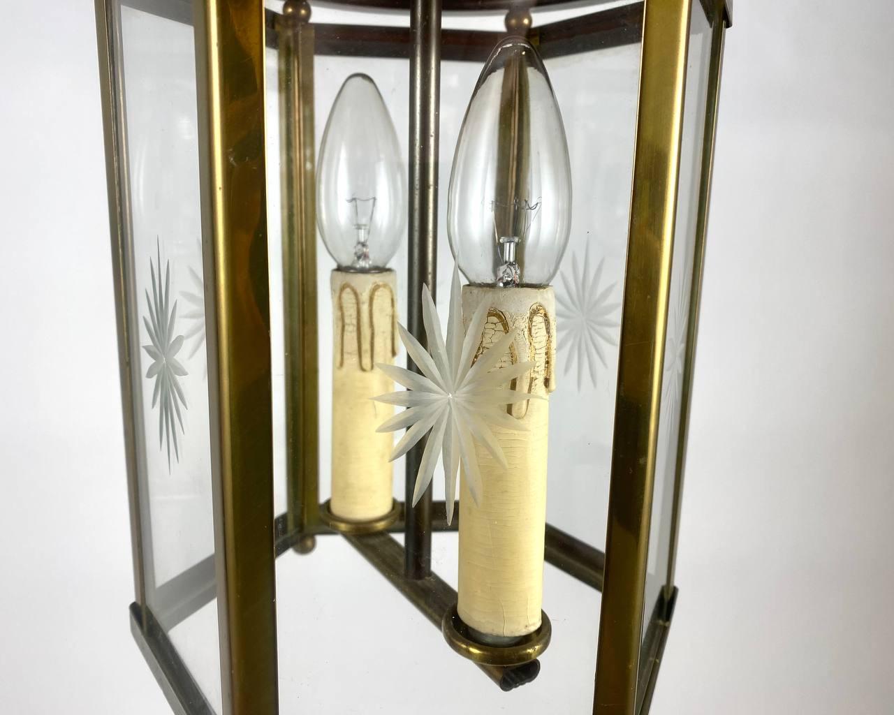Brass Art Nouveau Lantern with Glass Panels Vintage Lighting For Sale 2