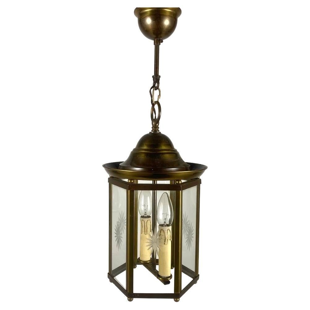 Brass Art Nouveau Lantern with Glass Panels Vintage Lighting For Sale