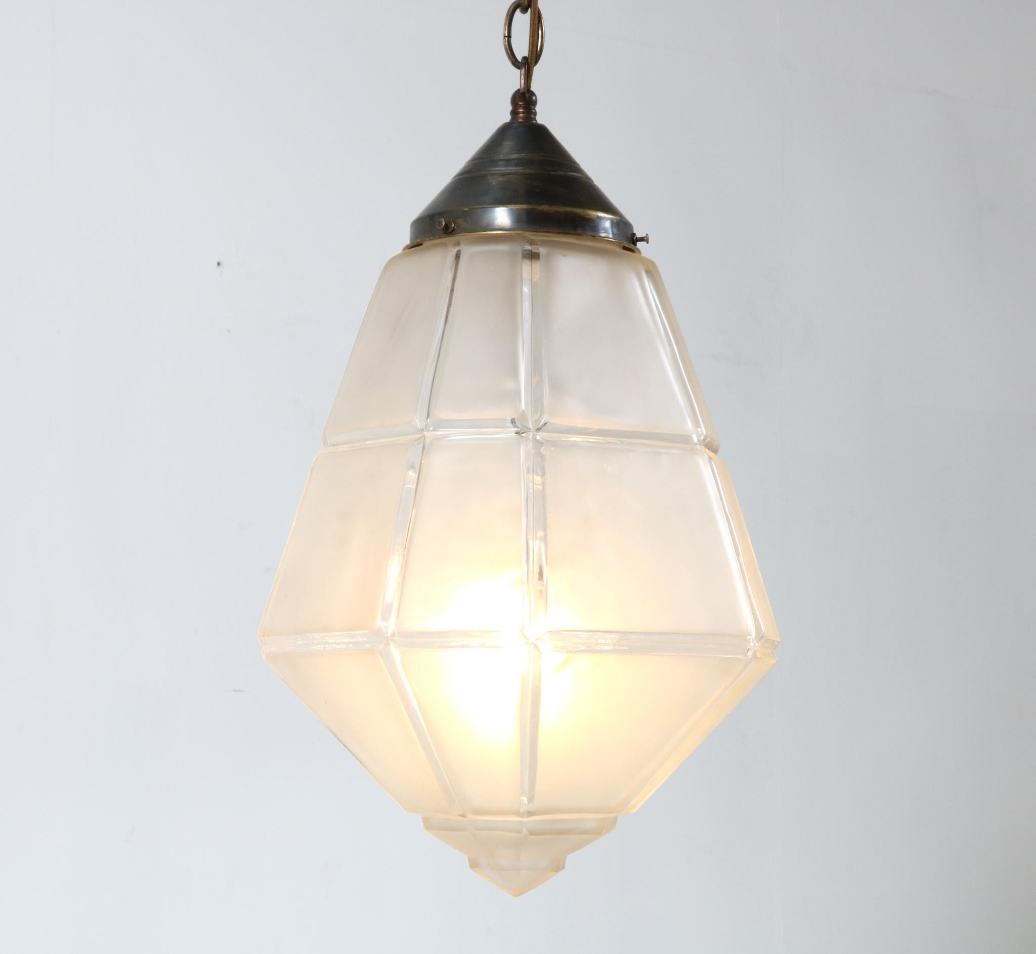 Cut Glass Brass Art Nouveau Pendant Lamp with XL Shade