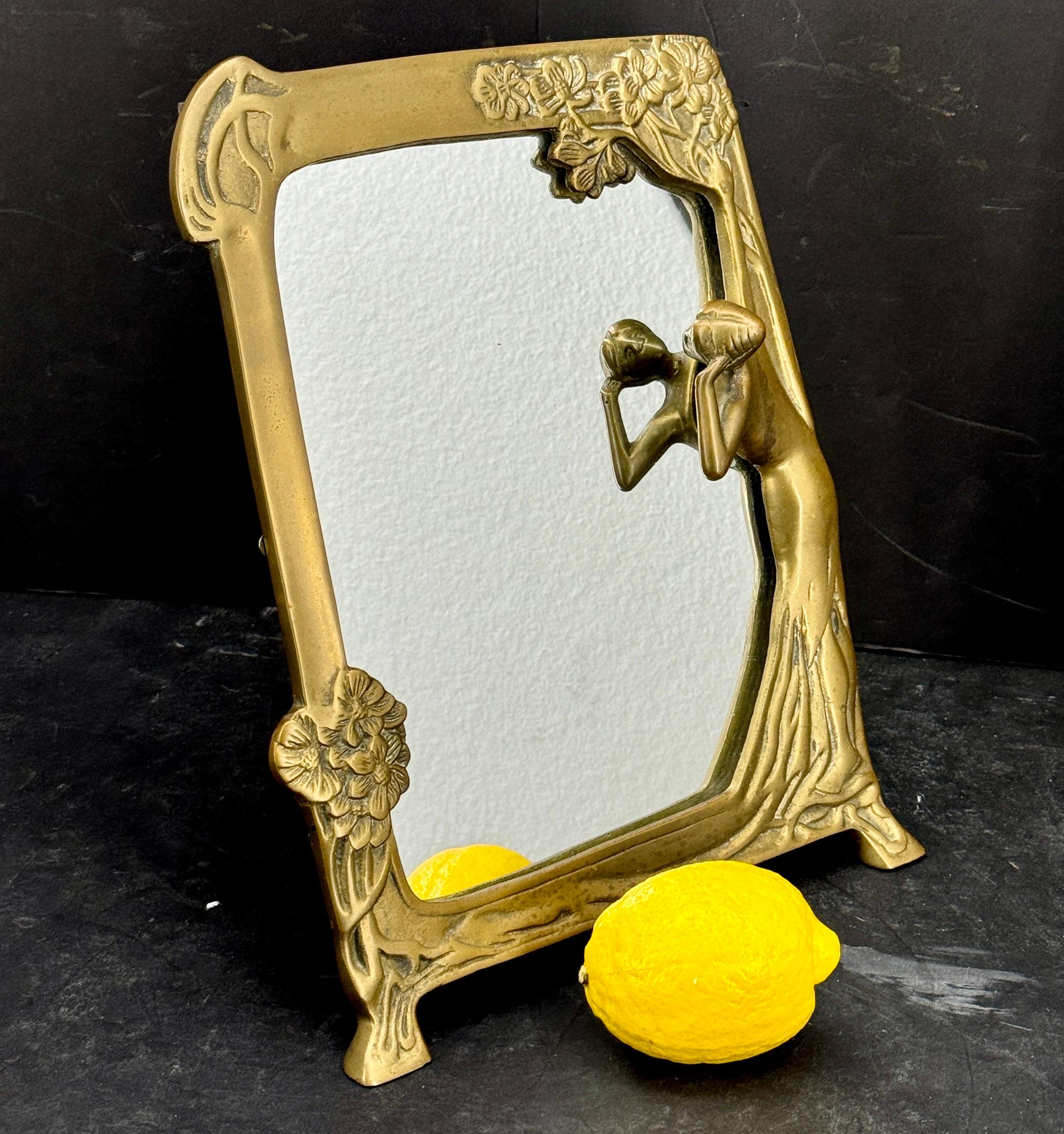 French Brass Art Nouveau Table Vanity Mirror