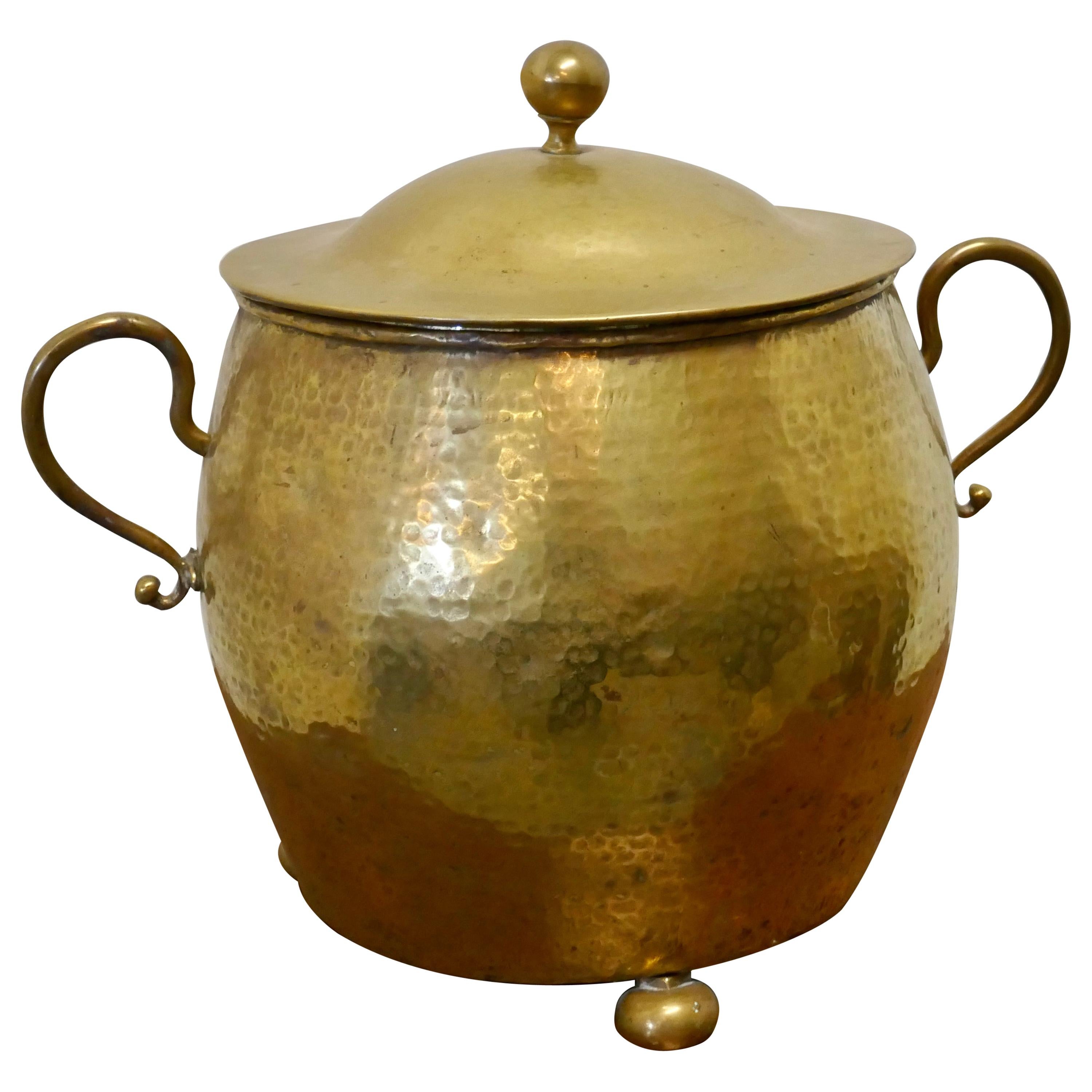 Brass Arts & Crafts Coal Bucket with Lid For Sale