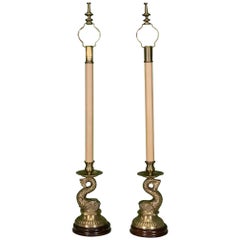 Brass Asian Dolphin Candlestick Table Lamps